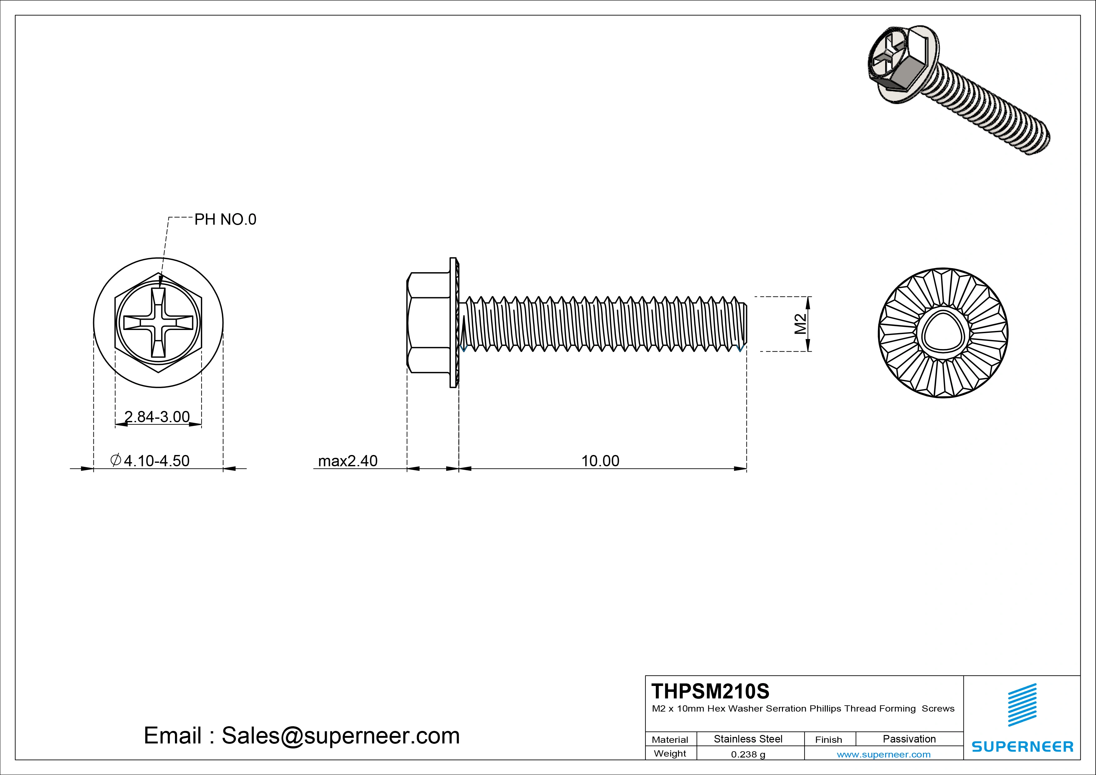 M2 &times; 10mm Indented Hex Washer Serrattion Phillips Thread Forming Screws for Metal SUS304 Stainless Steel Inox