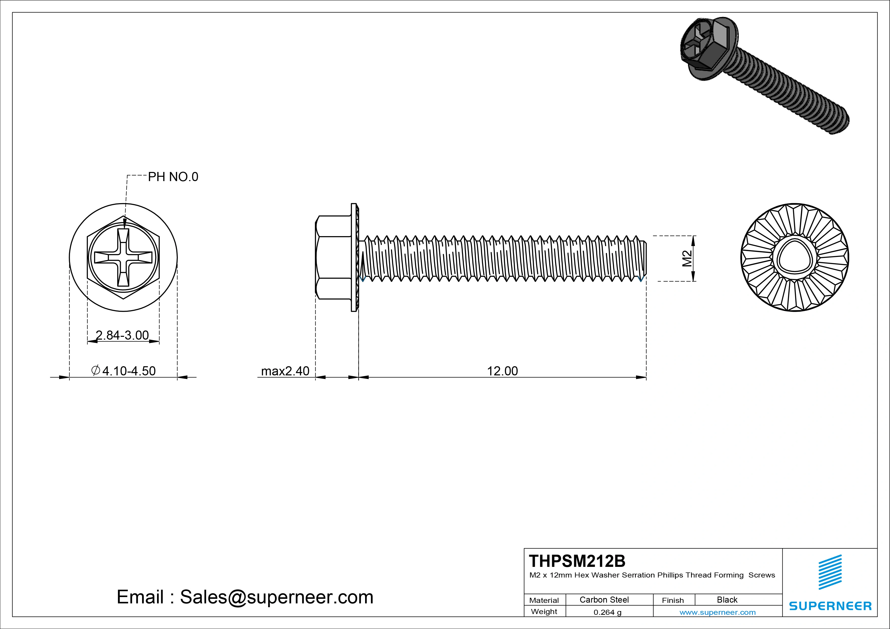 M2 &times; 12mm Indented Hex Washer Serrattion Phillips Thread Forming Screws for Metal Steel Black