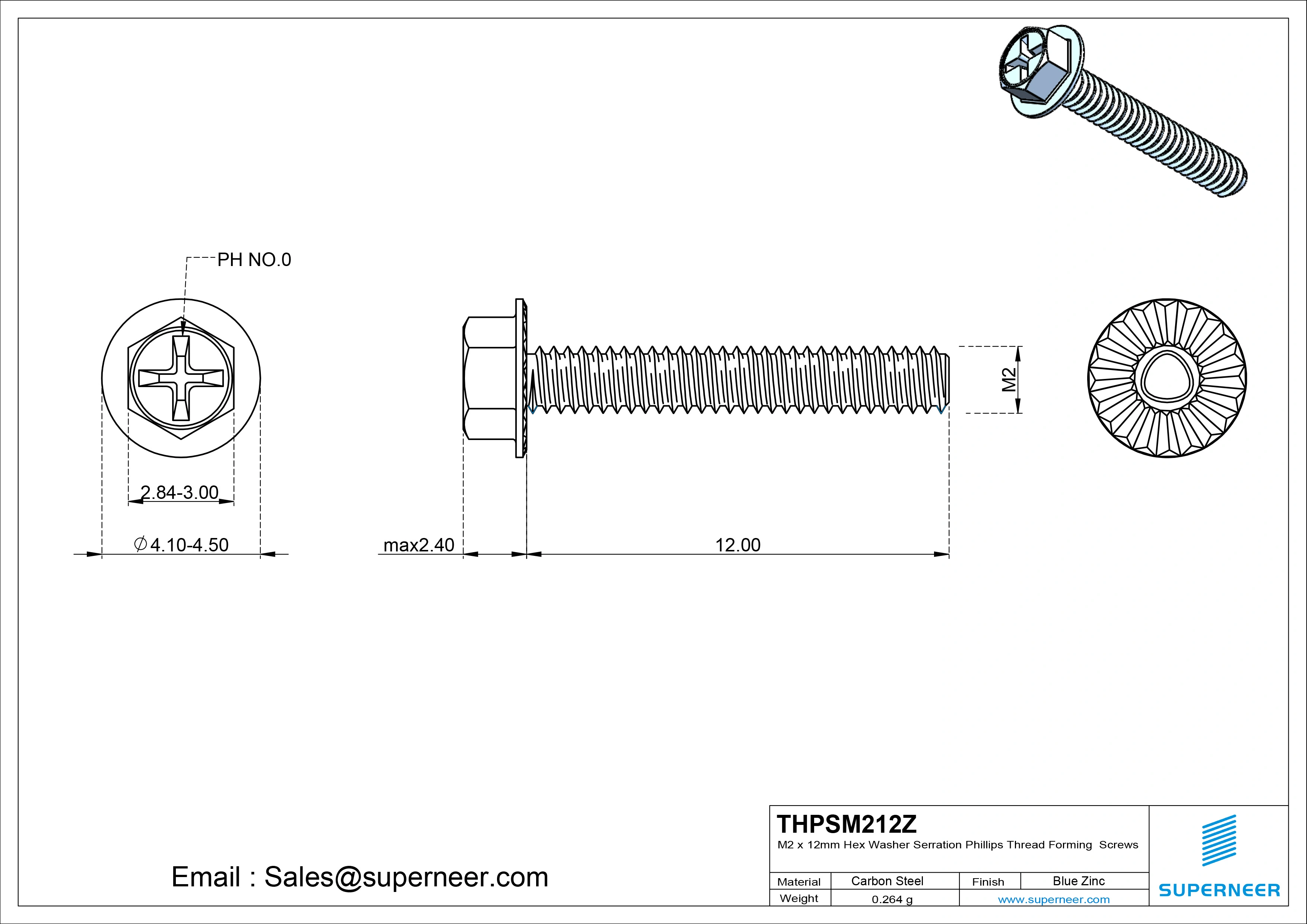 M2 &times; 12mm Indented Hex Washer Serrattion Phillips Thread Forming Screws for Metal Steel Blue Zinc Plated