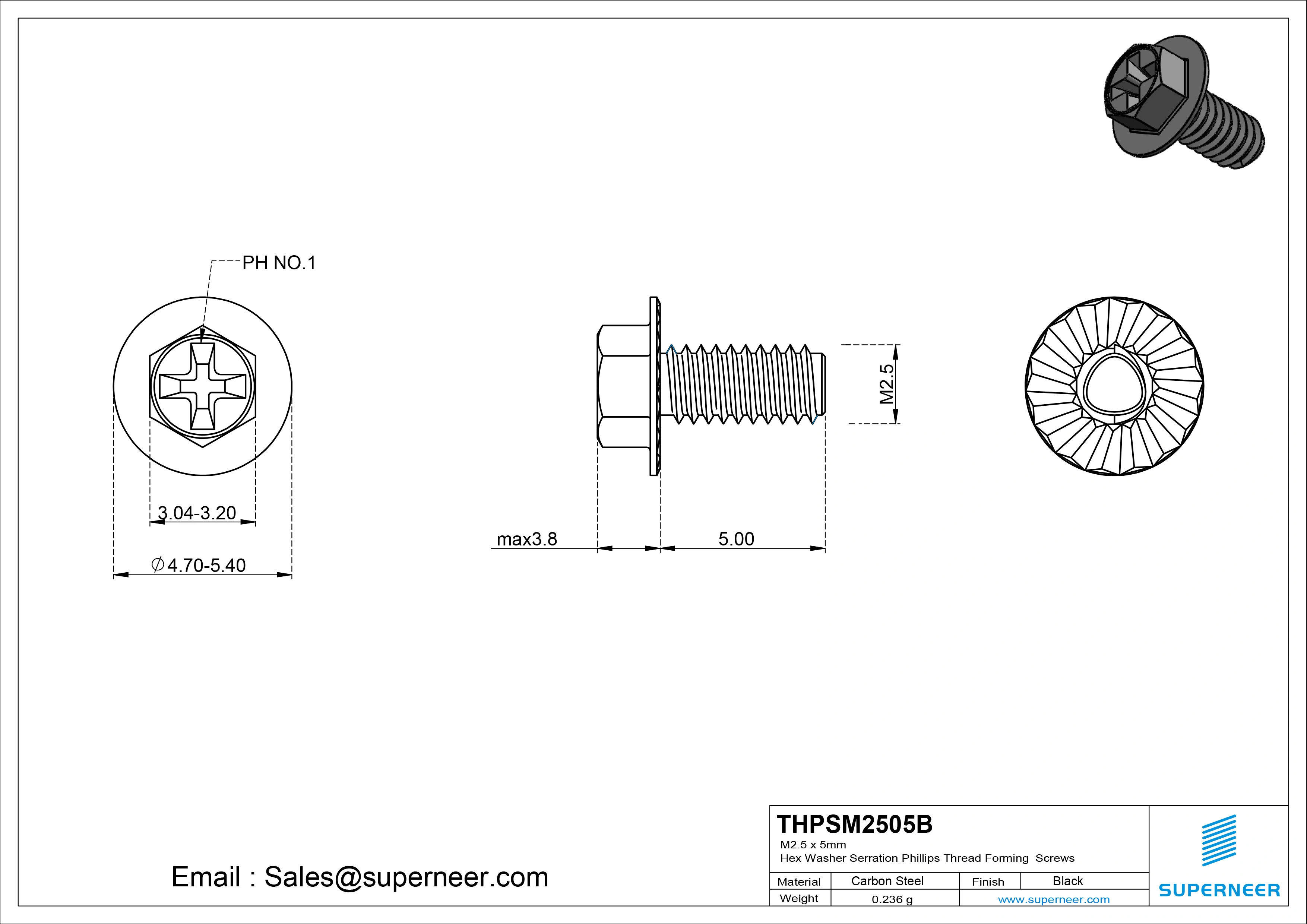 M2.5 &times; 5mm Indented Hex Washer Serrattion Phillips Thread Forming Screws for Metal Steel Black