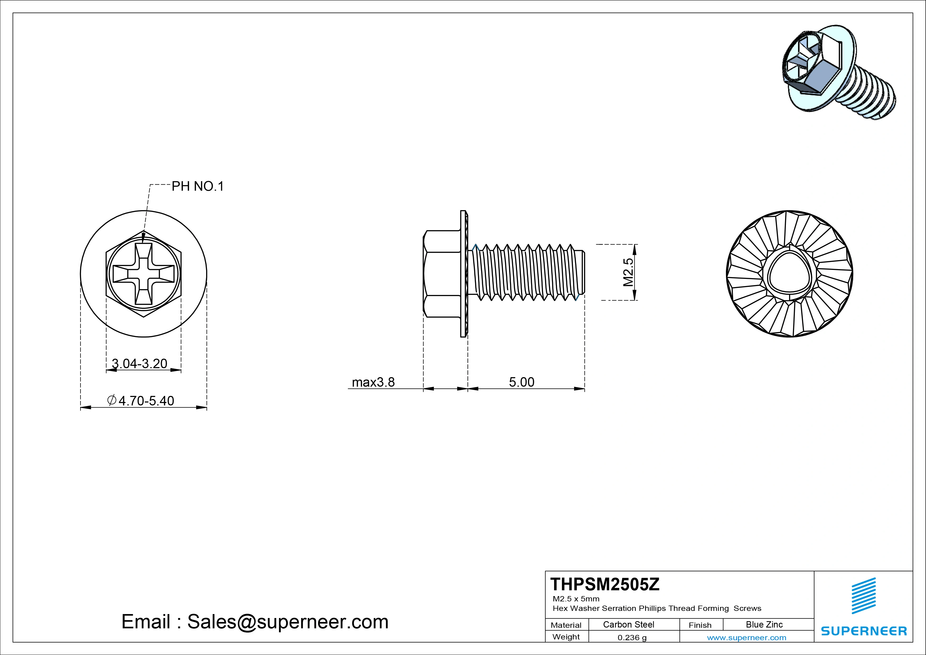 M2.5 &times; 5mm Indented Hex Washer Serrattion Phillips Thread Forming Screws for Metal Steel Blue Zinc Plated