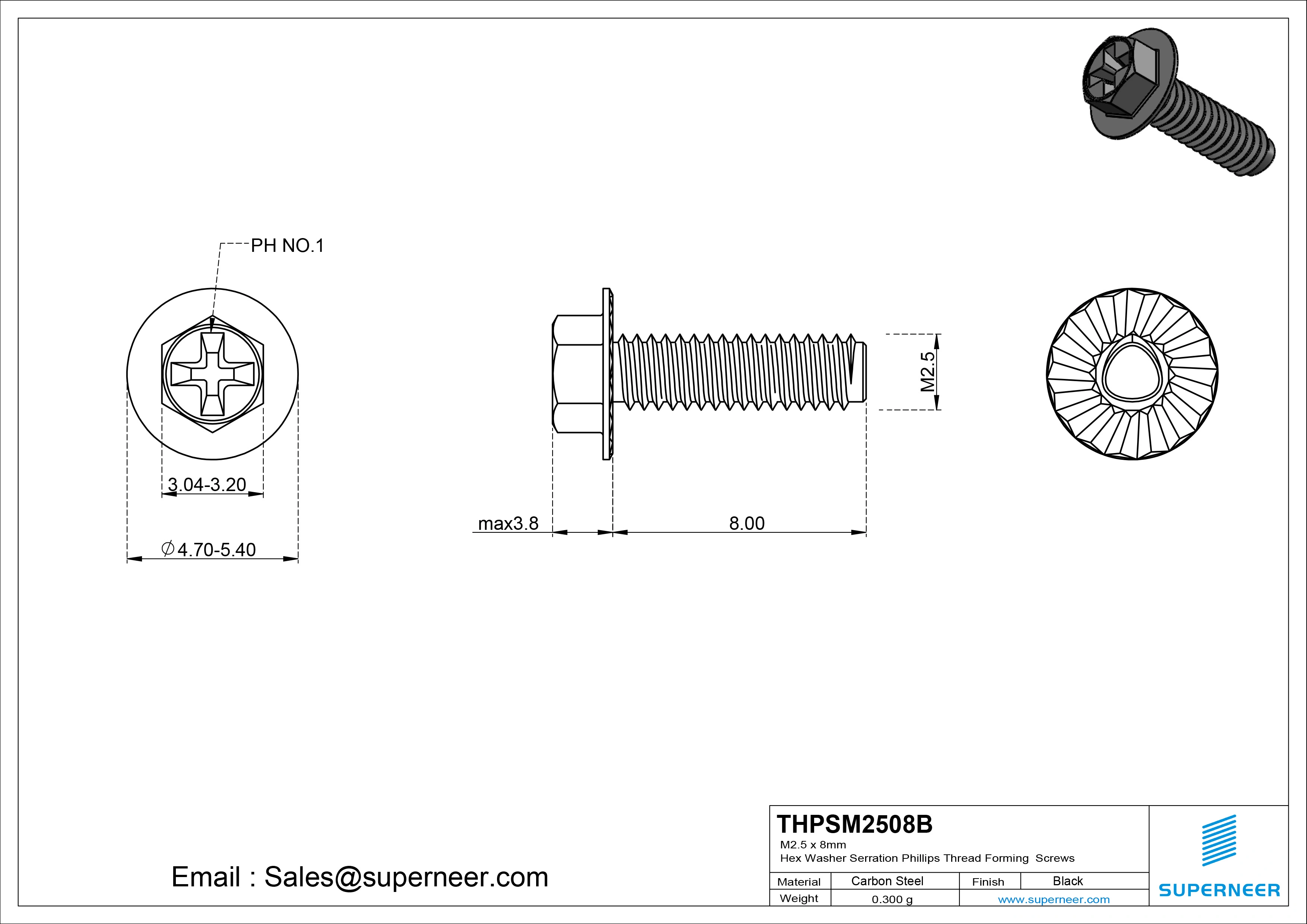 M2.5 &times; 8mm Indented Hex Washer Serrattion Phillips Thread Forming Screws for Metal Steel Black