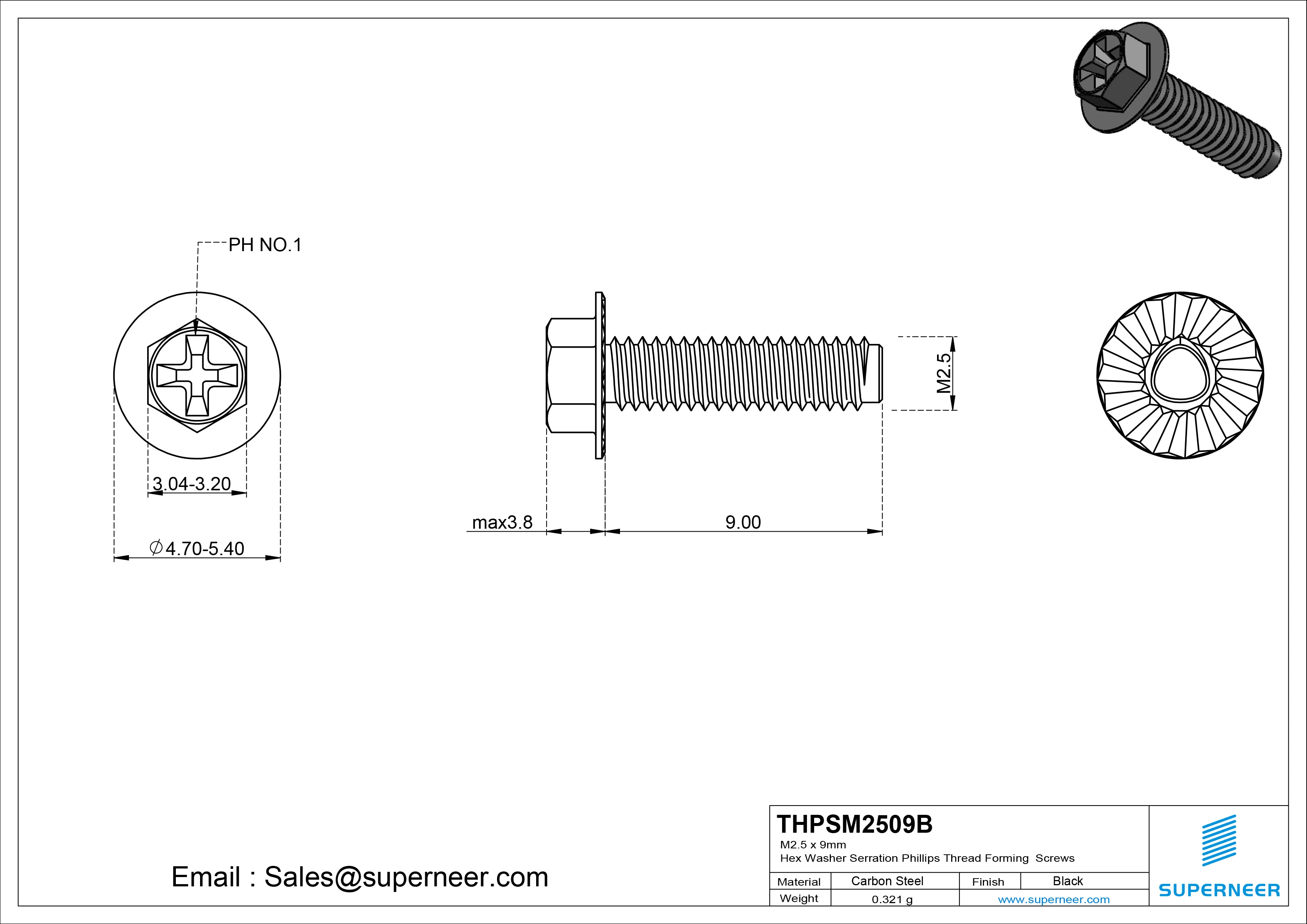 M2.5 &times; 9mm Indented Hex Washer Serrattion Phillips Thread Forming Screws for Metal Steel Black