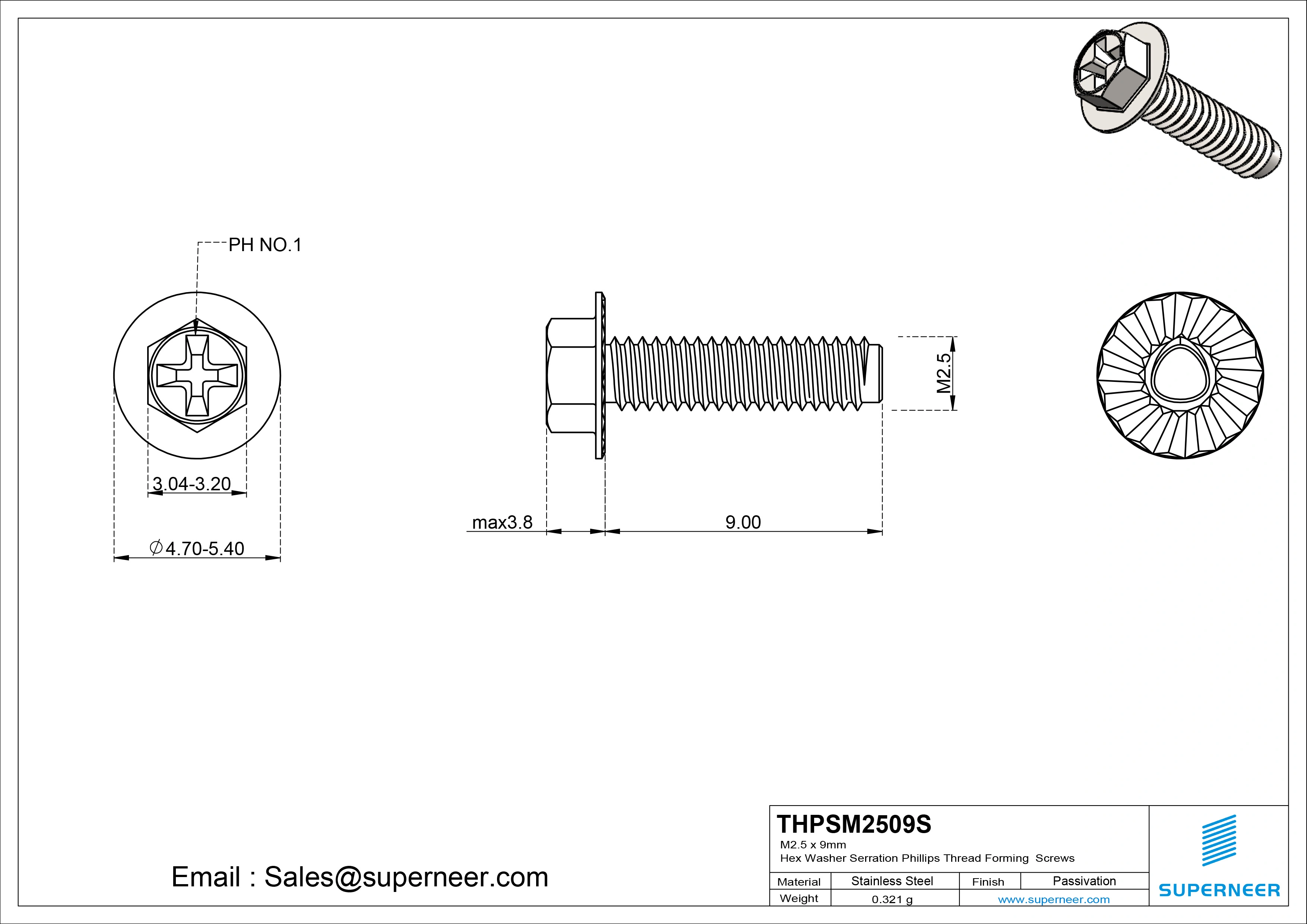 M2.5 &times; 9mm Indented Hex Washer Serrattion Phillips Thread Forming Screws for Metal SUS304 Stainless Steel Inox