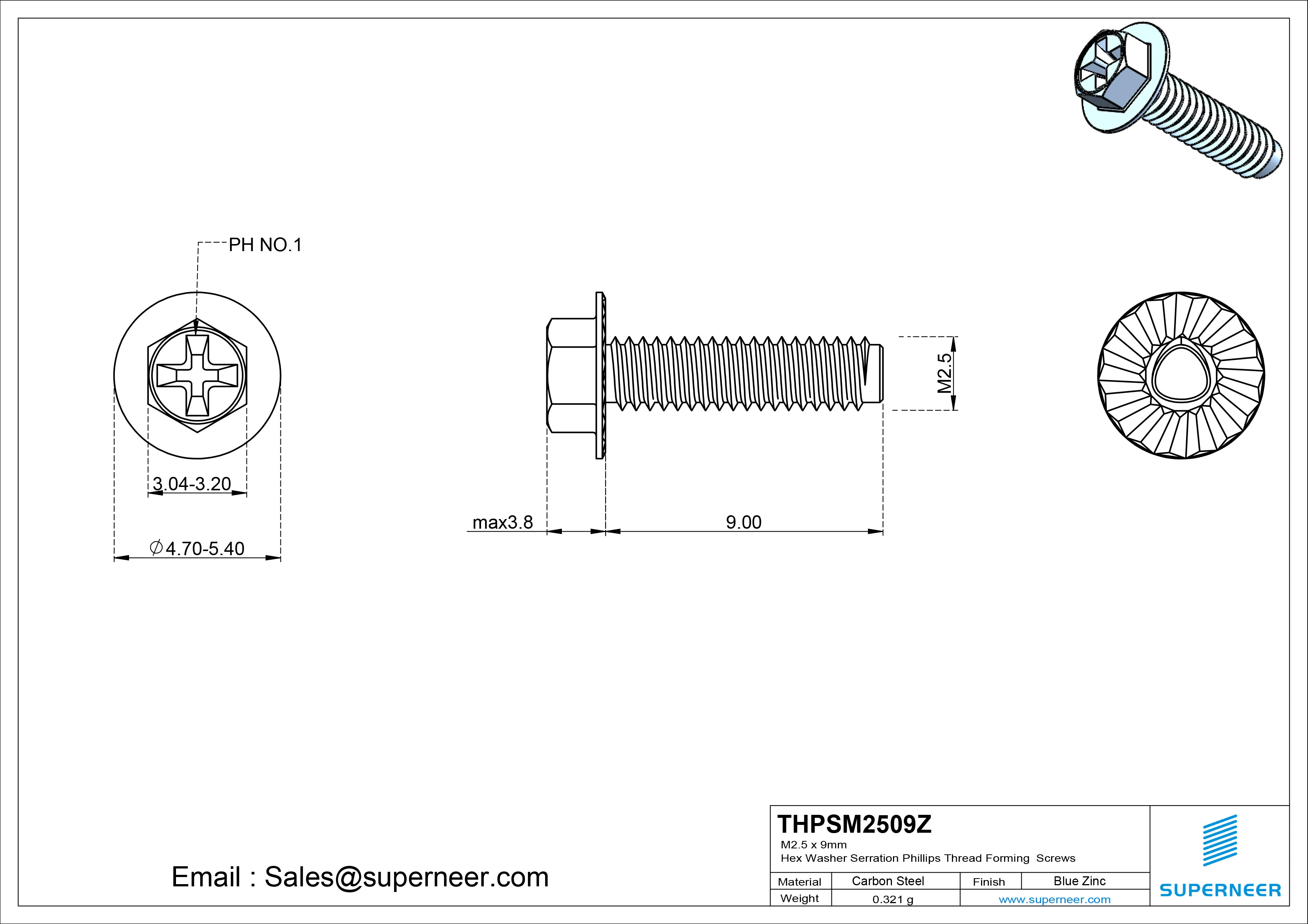 M2.5 &times; 9mm Indented Hex Washer Serrattion Phillips Thread Forming Screws for Metal Steel Blue Zinc Plated