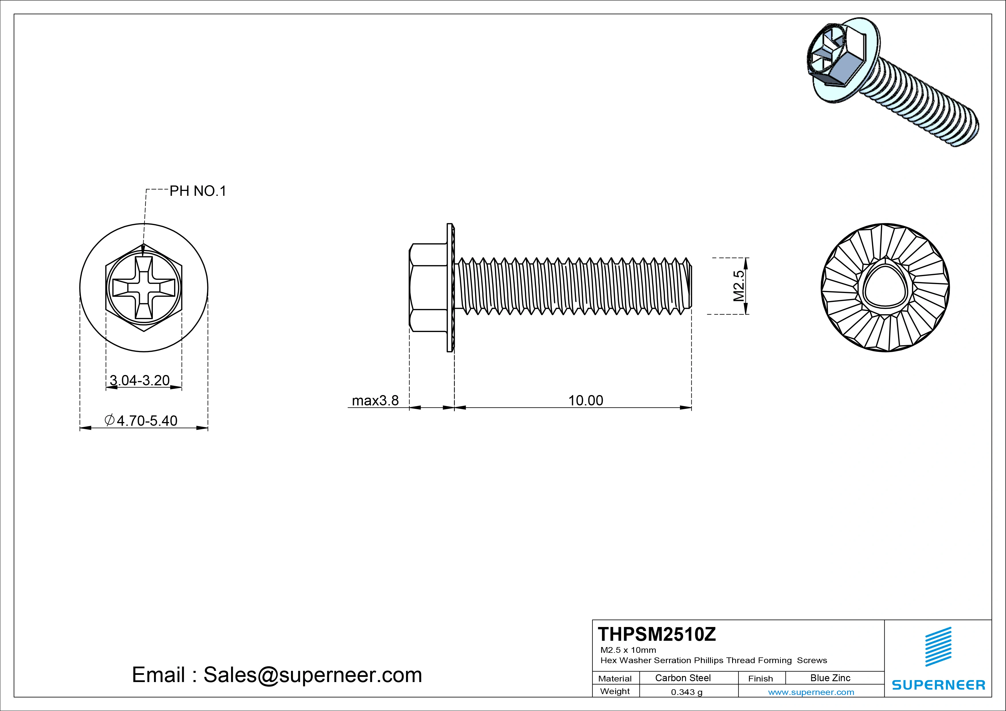 M2.5 &times; 10mm Indented Hex Washer Serrattion Phillips Thread Forming Screws for Metal Steel Blue Zinc Plated