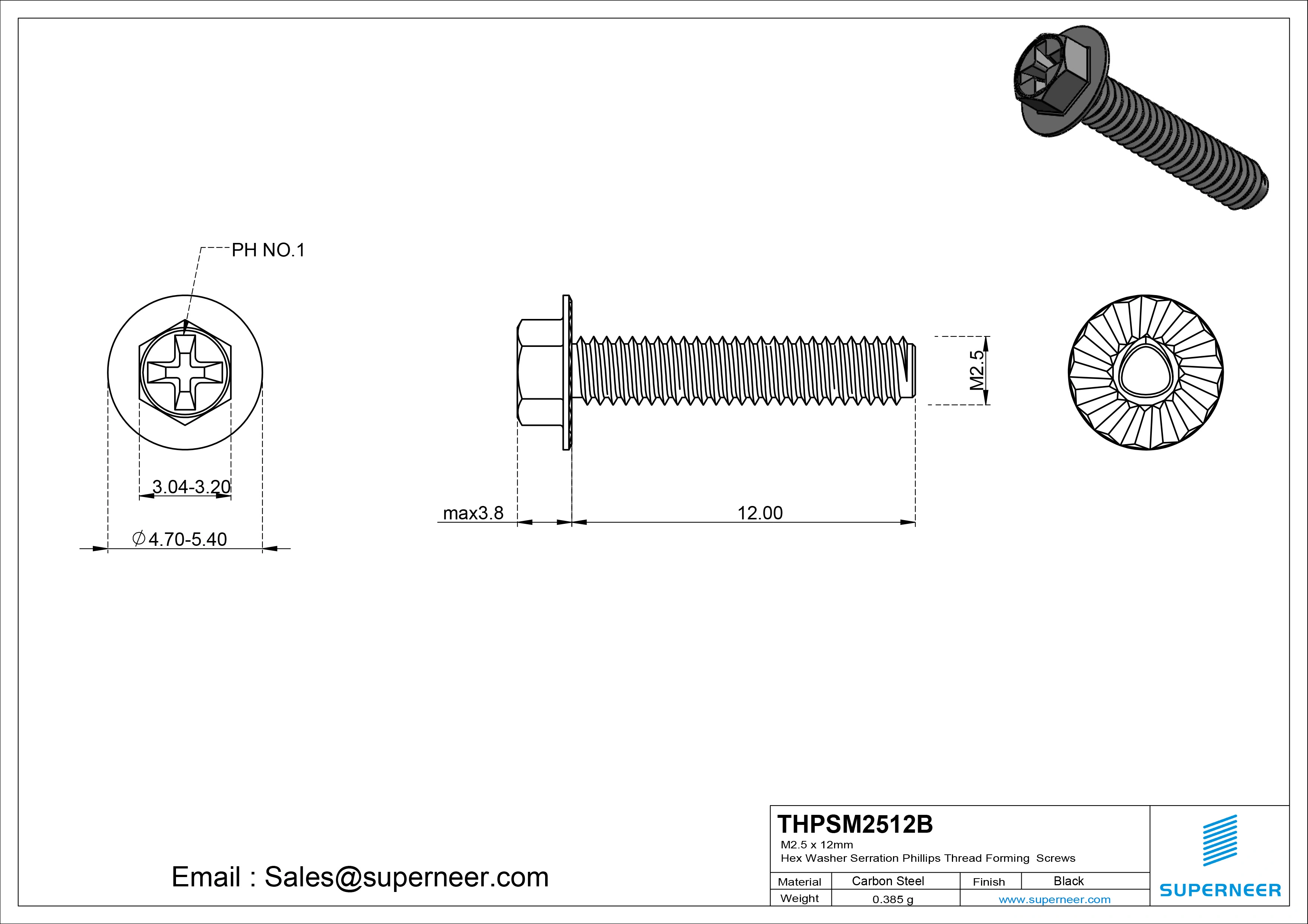 M2.5 &times; 12mm Indented Hex Washer Serrattion Phillips Thread Forming Screws for Metal Steel Black