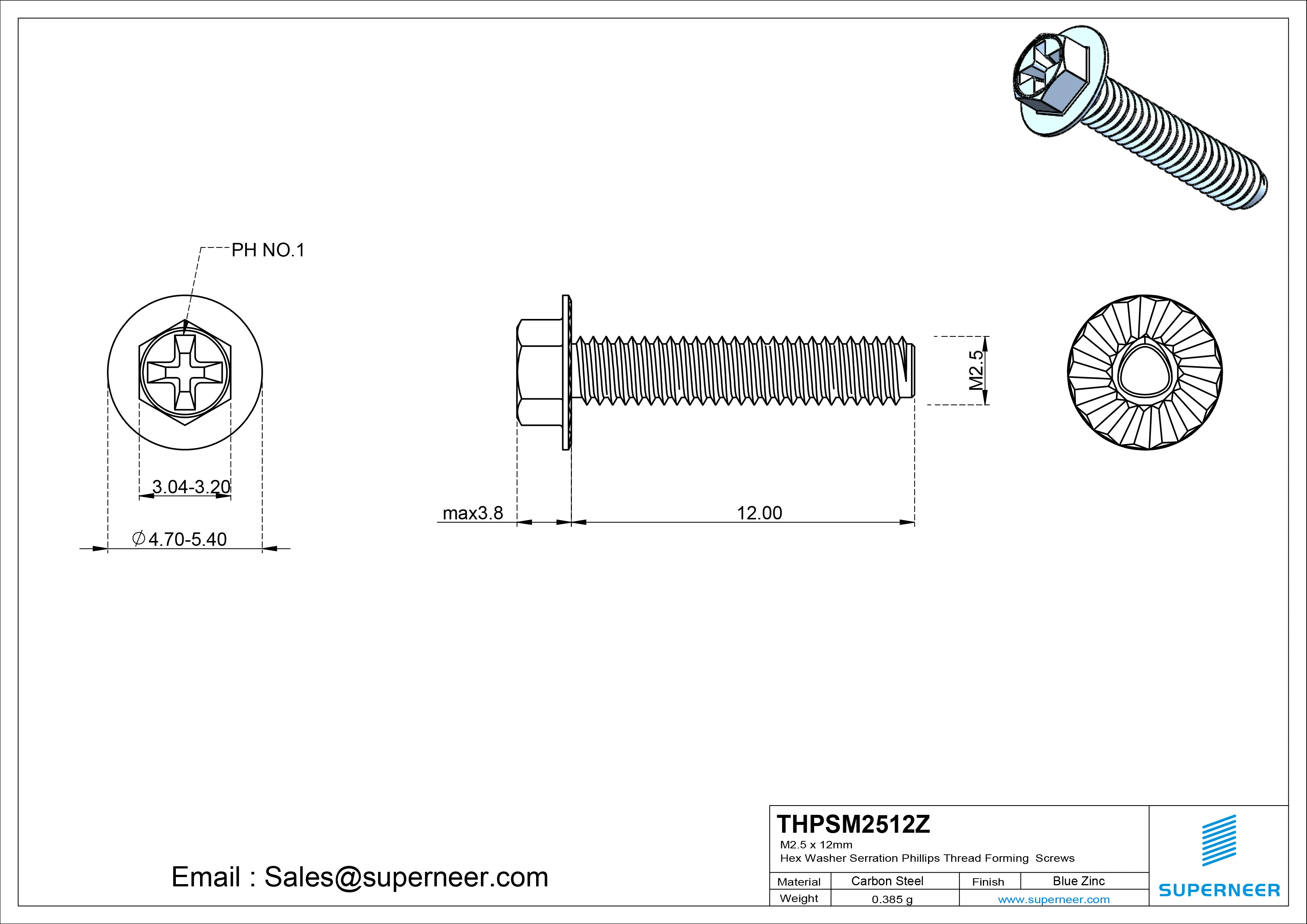 M2.5 &times; 12mm Indented Hex Washer Serrattion Phillips Thread Forming Screws for Metal Steel Blue Zinc Plated