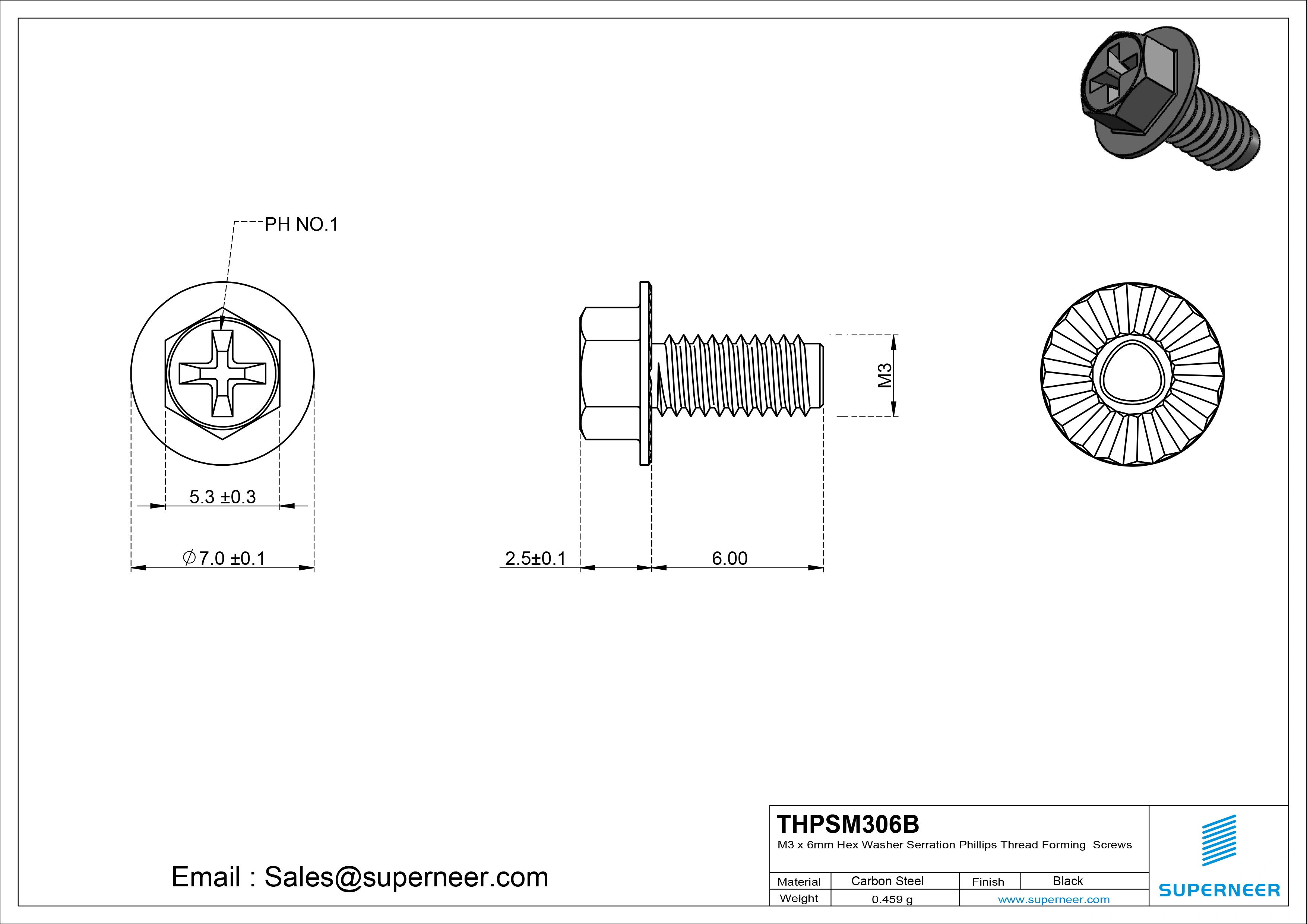 M3 &times; 6mm Indented Hex Washer Serrattion Phillips Thread Forming Screws for Metal Steel Black