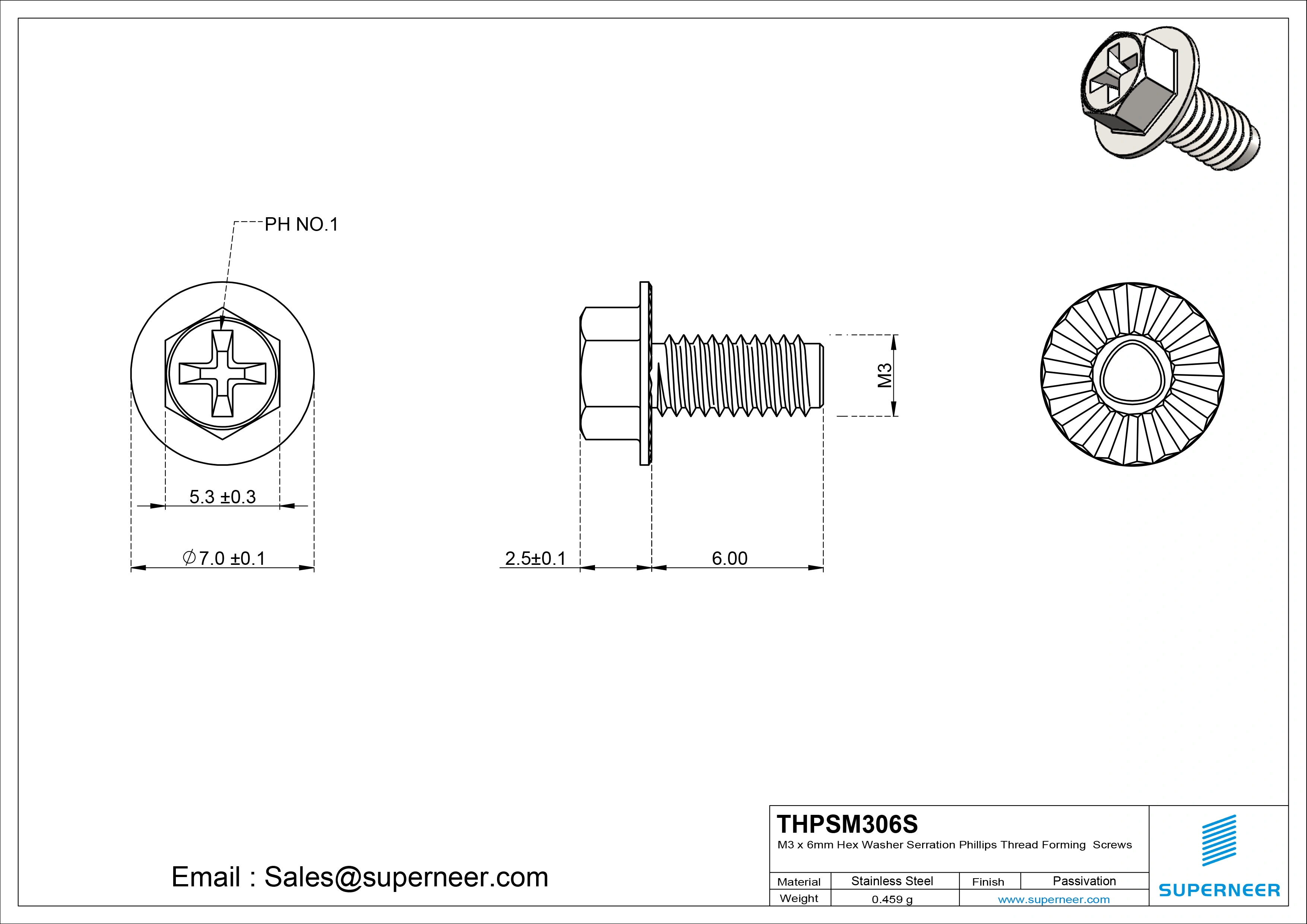 M3 &times; 6mm Indented Hex Washer Serrattion Phillips Thread Forming Screws for Metal SUS304 Stainless Steel Inox
