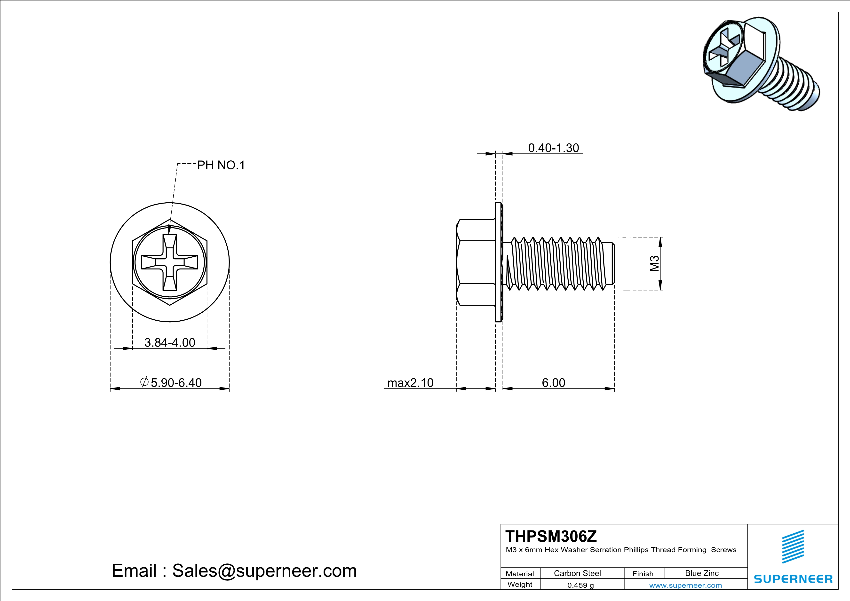 M3 &times; 6mm Indented Hex Washer Serrattion Phillips Thread Forming Screws for Metal Steel Blue Zinc Plated