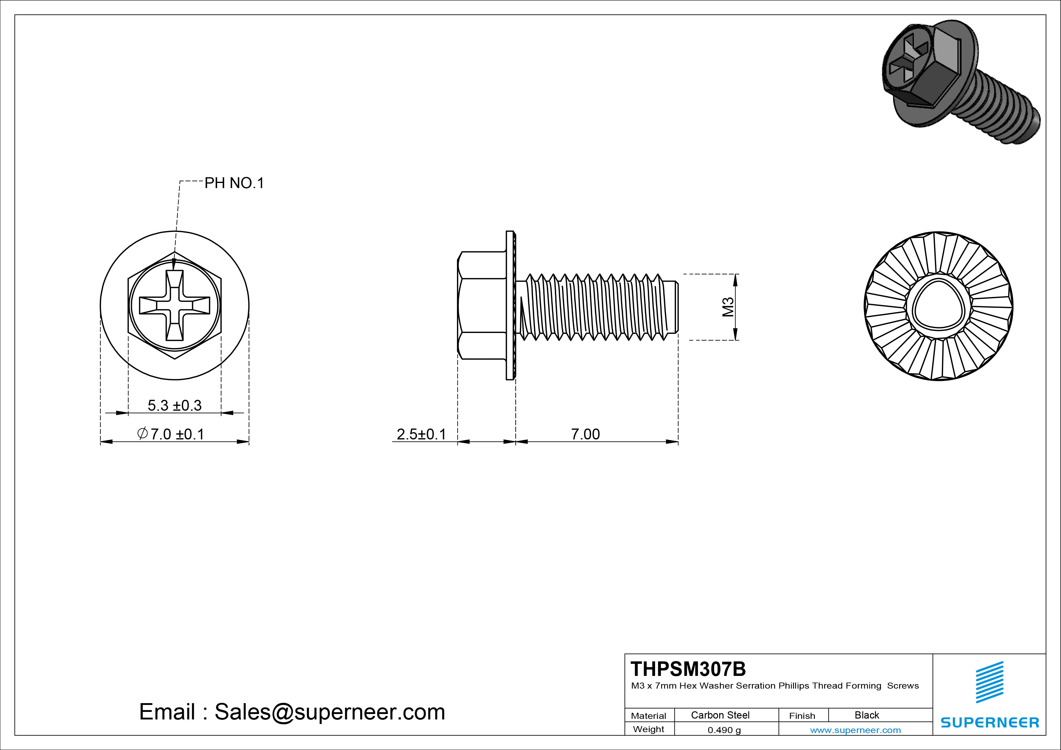 M3 &times; 7mm Indented Hex Washer Serrattion Phillips Thread Forming Screws for Metal Steel Black