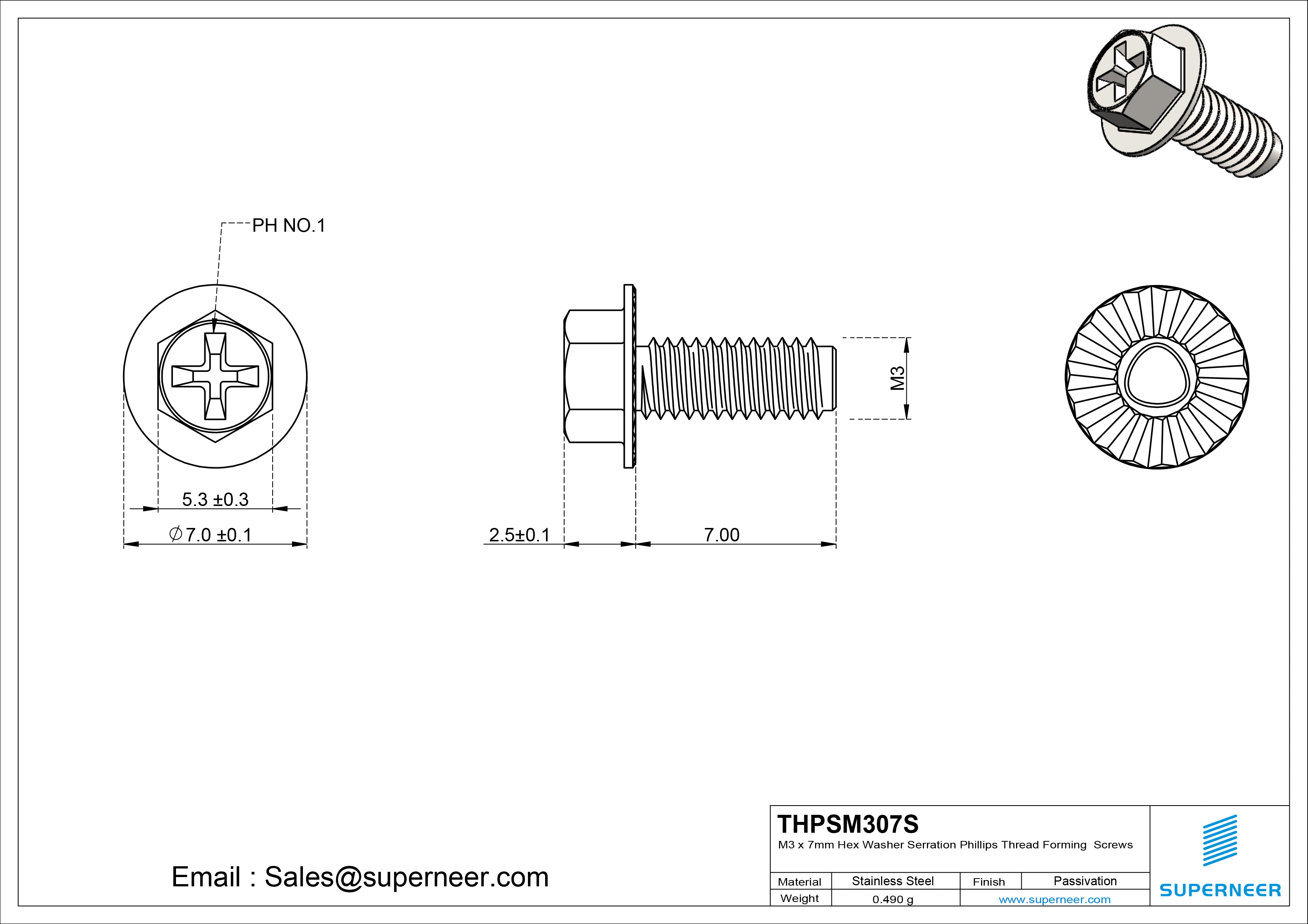 M3 &times; 7mm Indented Hex Washer Serrattion Phillips Thread Forming Screws for Metal SUS304 Stainless Steel Inox