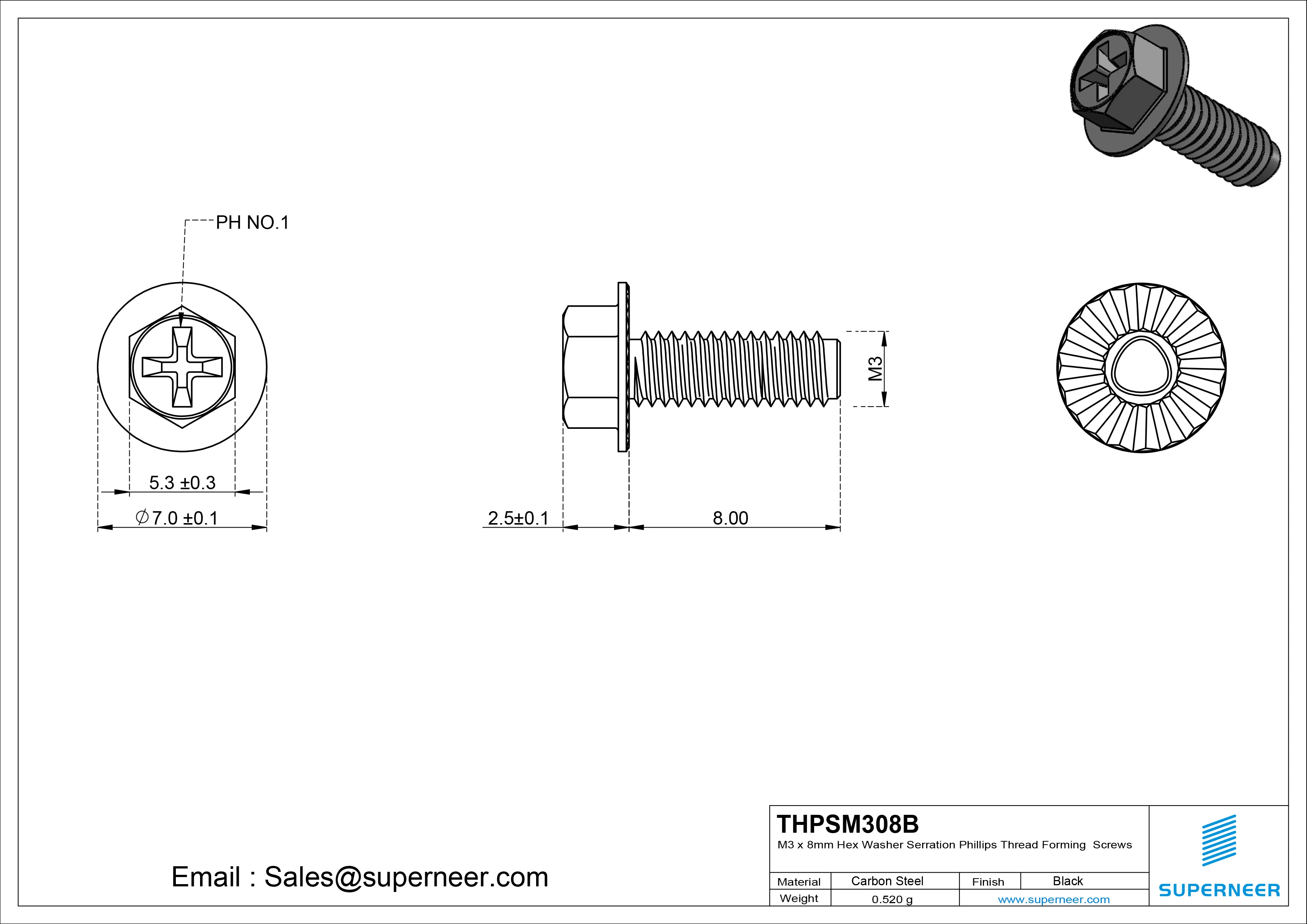 M3 &times; 8mm Indented Hex Washer Serrattion Phillips Thread Forming Screws for Metal Steel Black