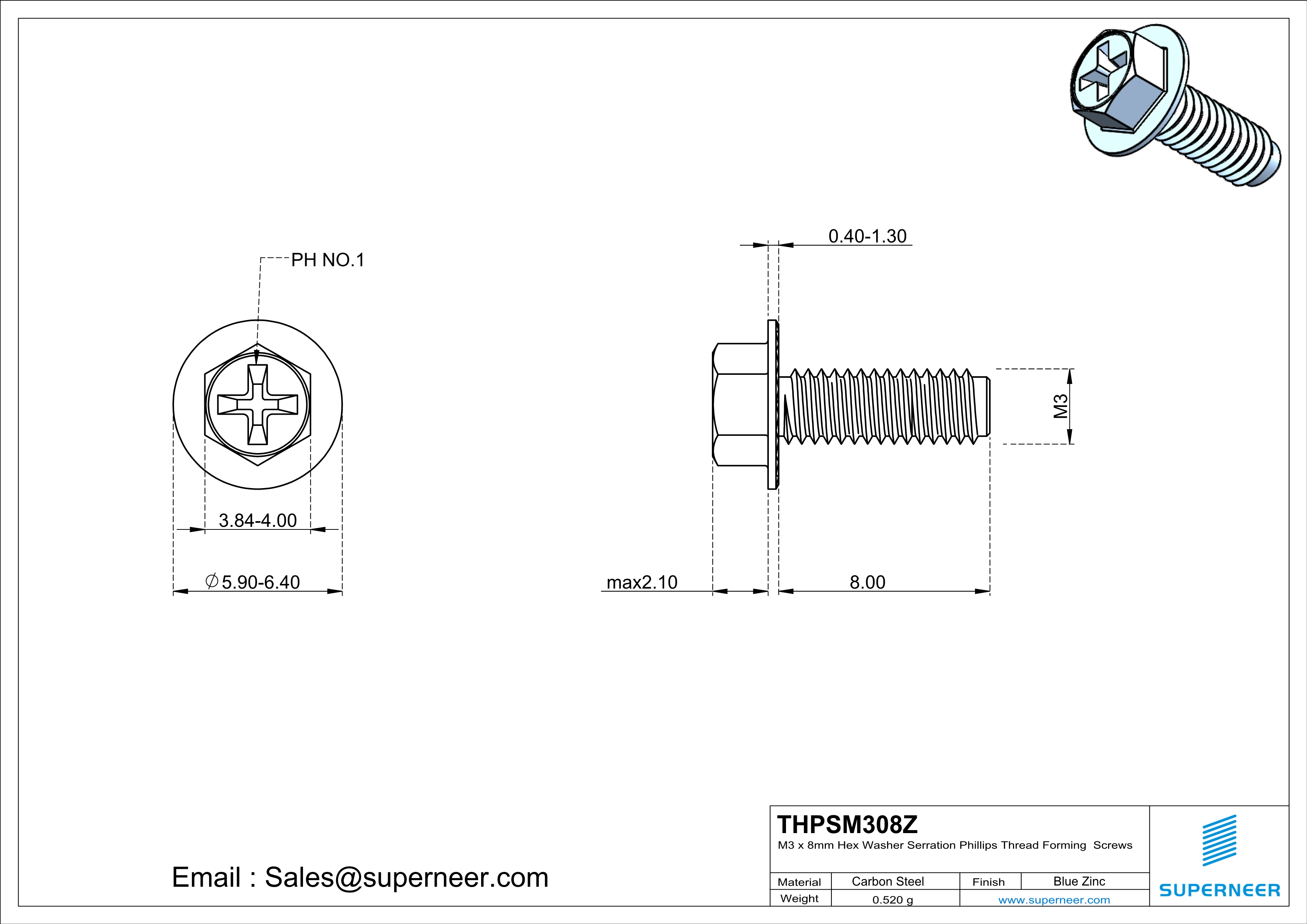 M3 &times; 8mm Indented Hex Washer Serrattion Phillips Thread Forming Screws for Metal Steel Blue Zinc Plated