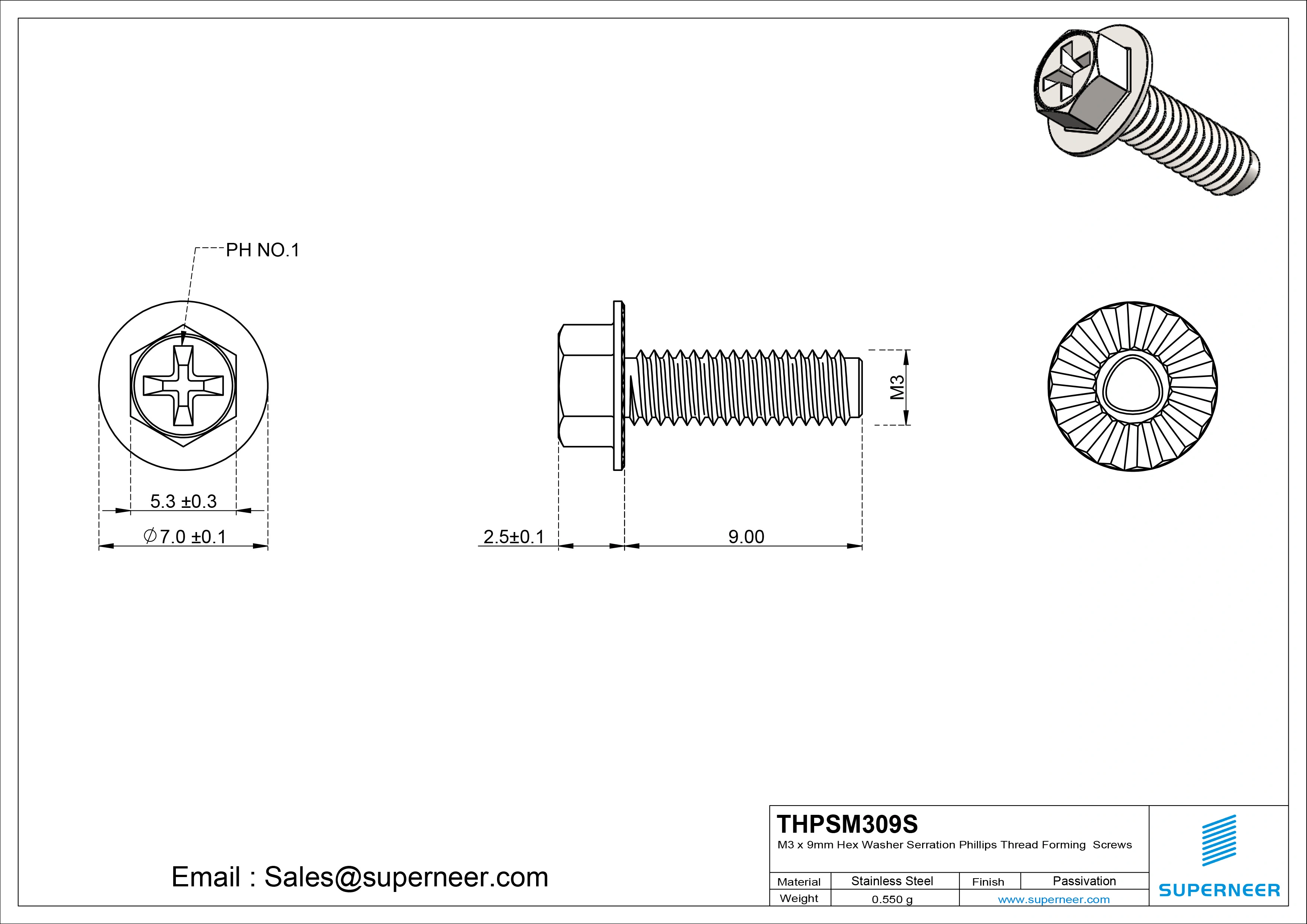 M3 &times; 9mm Indented Hex Washer Serrattion Phillips Thread Forming Screws for Metal SUS304 Stainless Steel Inox