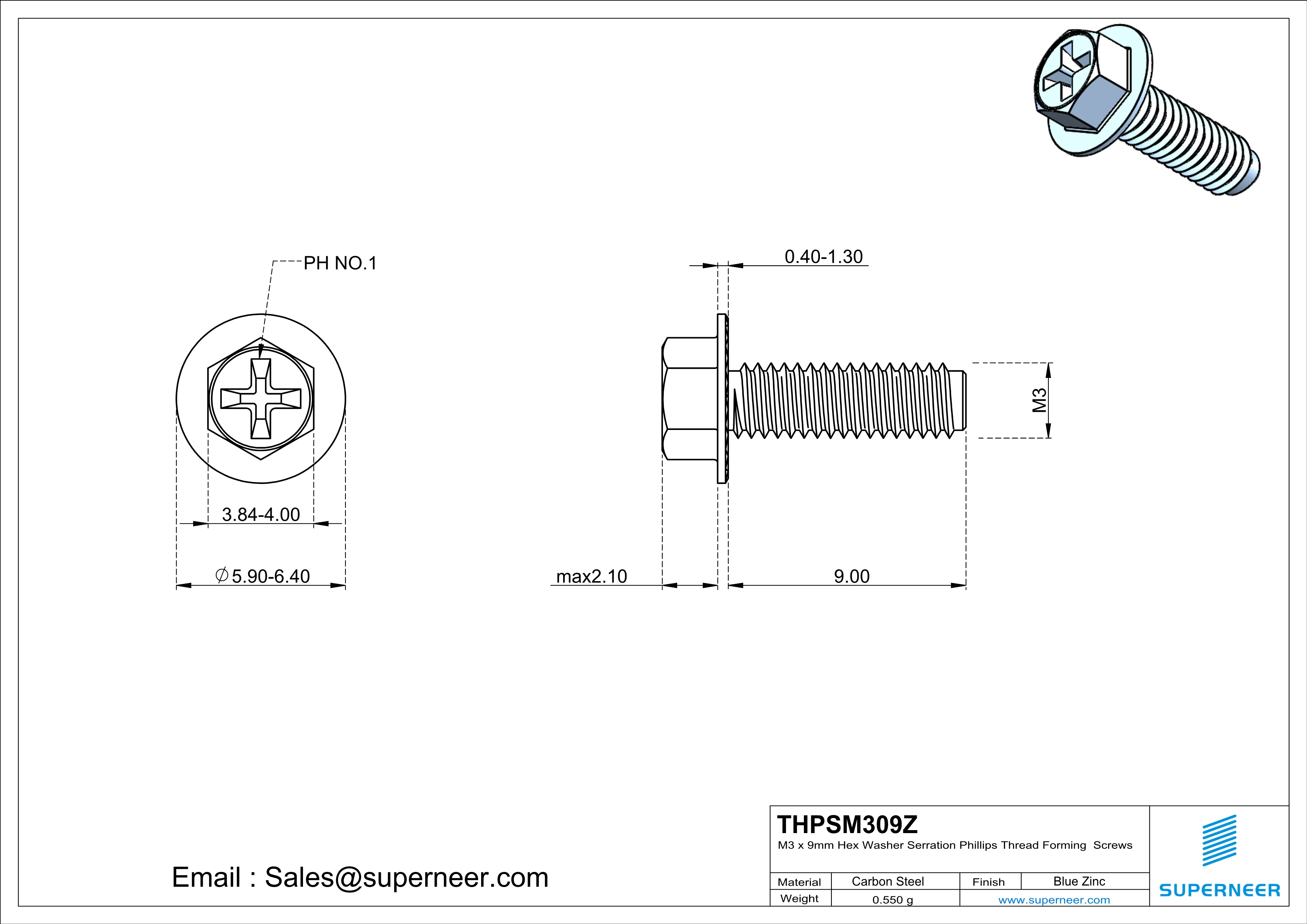 M3 &times; 9mm Indented Hex Washer Serrattion Phillips Thread Forming Screws for Metal Steel Blue Zinc Plated