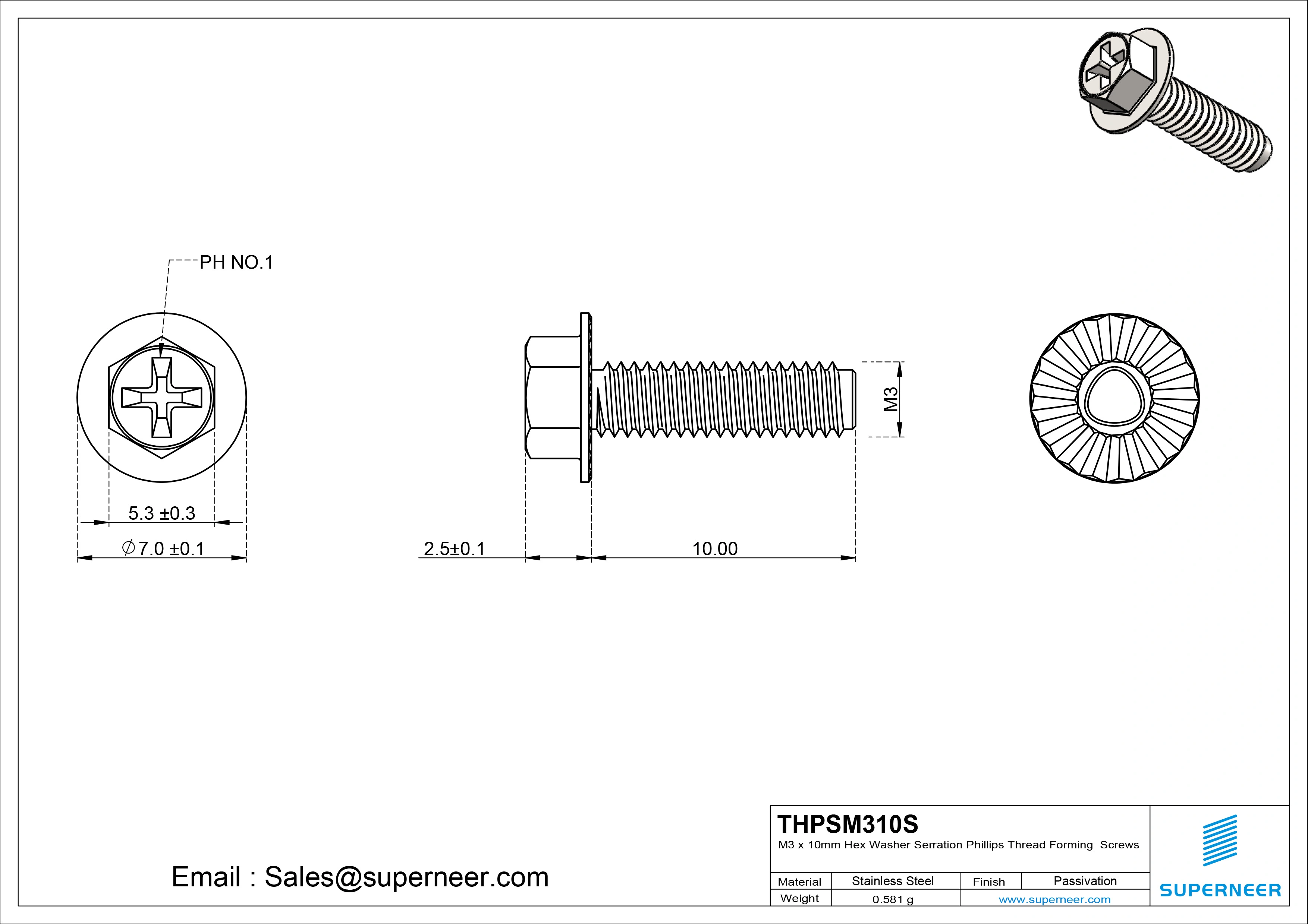 M3 &times; 10mm Indented Hex Washer Serrattion Phillips Thread Forming Screws for Metal SUS304 Stainless Steel Inox