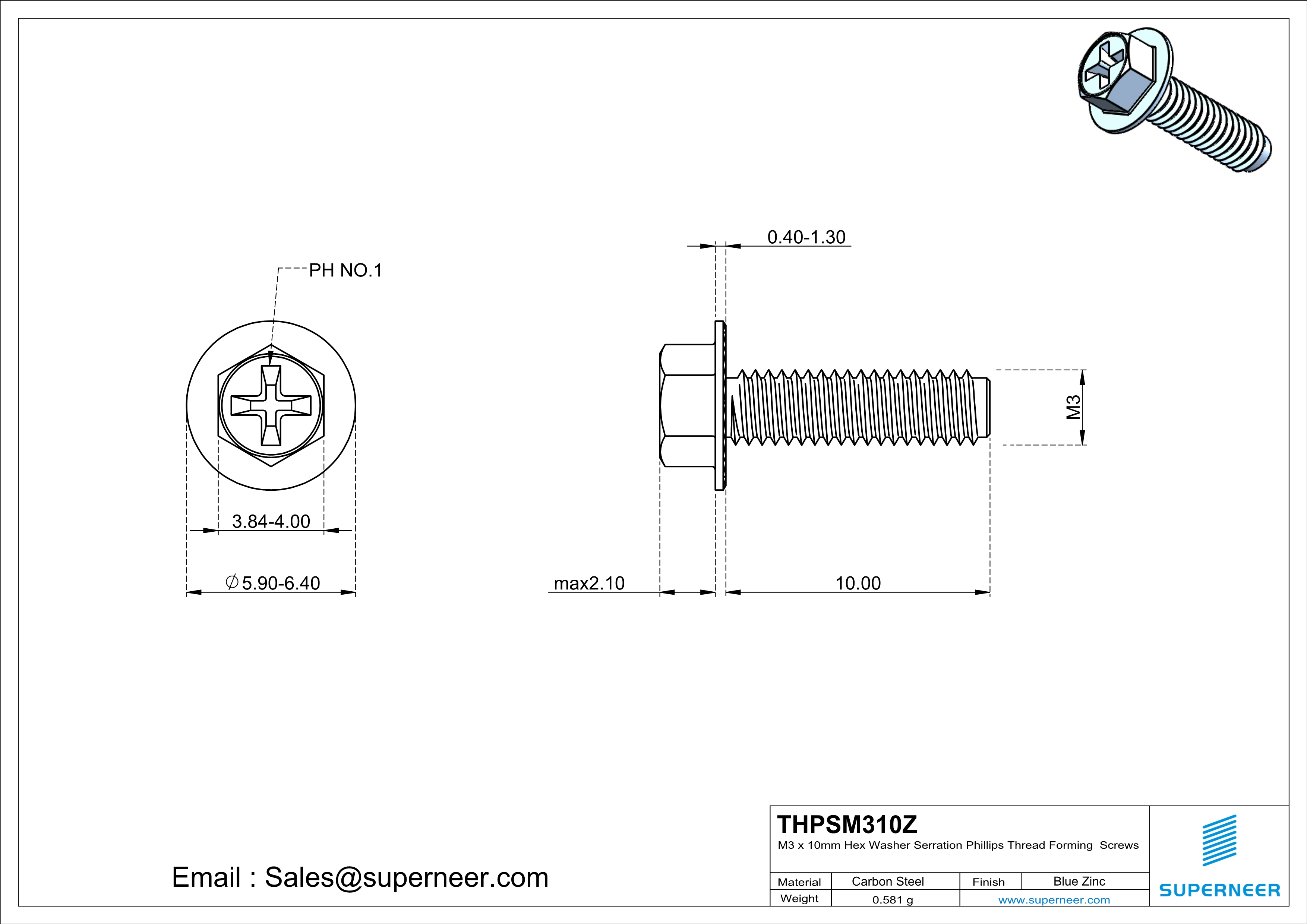 M3 &times; 10mm Indented Hex Washer Serrattion Phillips Thread Forming Screws for Metal Steel Blue Zinc Plated