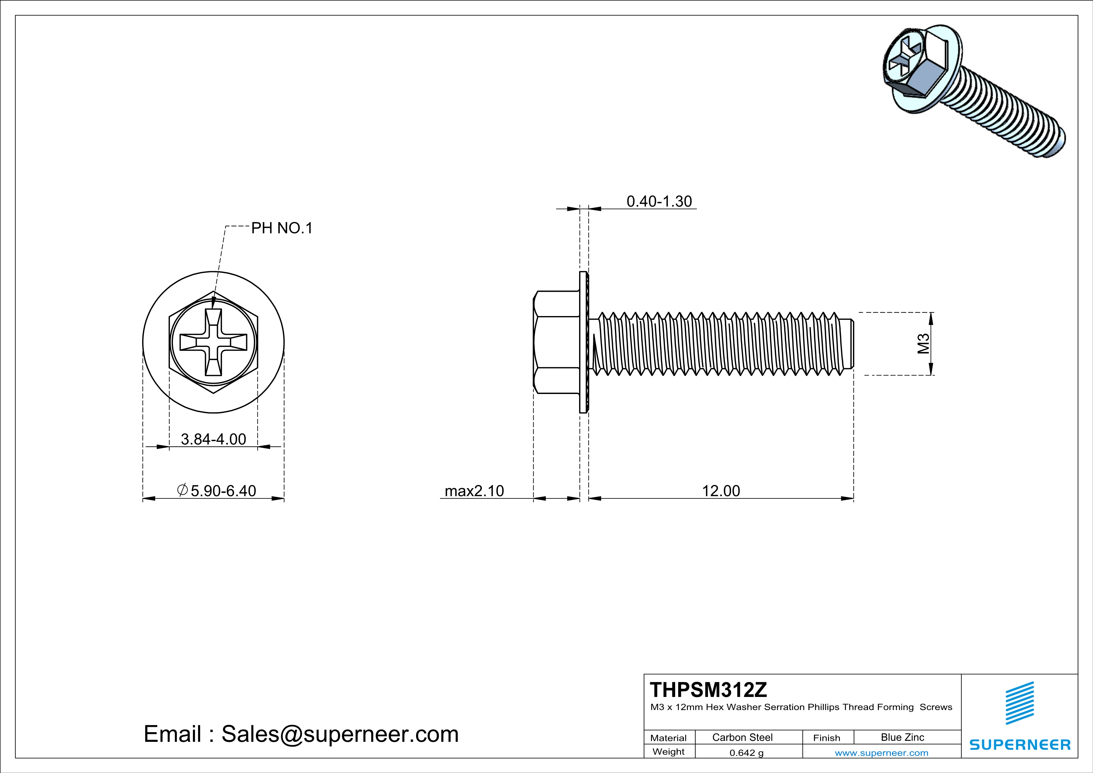 M3 &times; 12mm Indented Hex Washer Serrattion Phillips Thread Forming Screws for Metal Steel Blue Zinc Plated