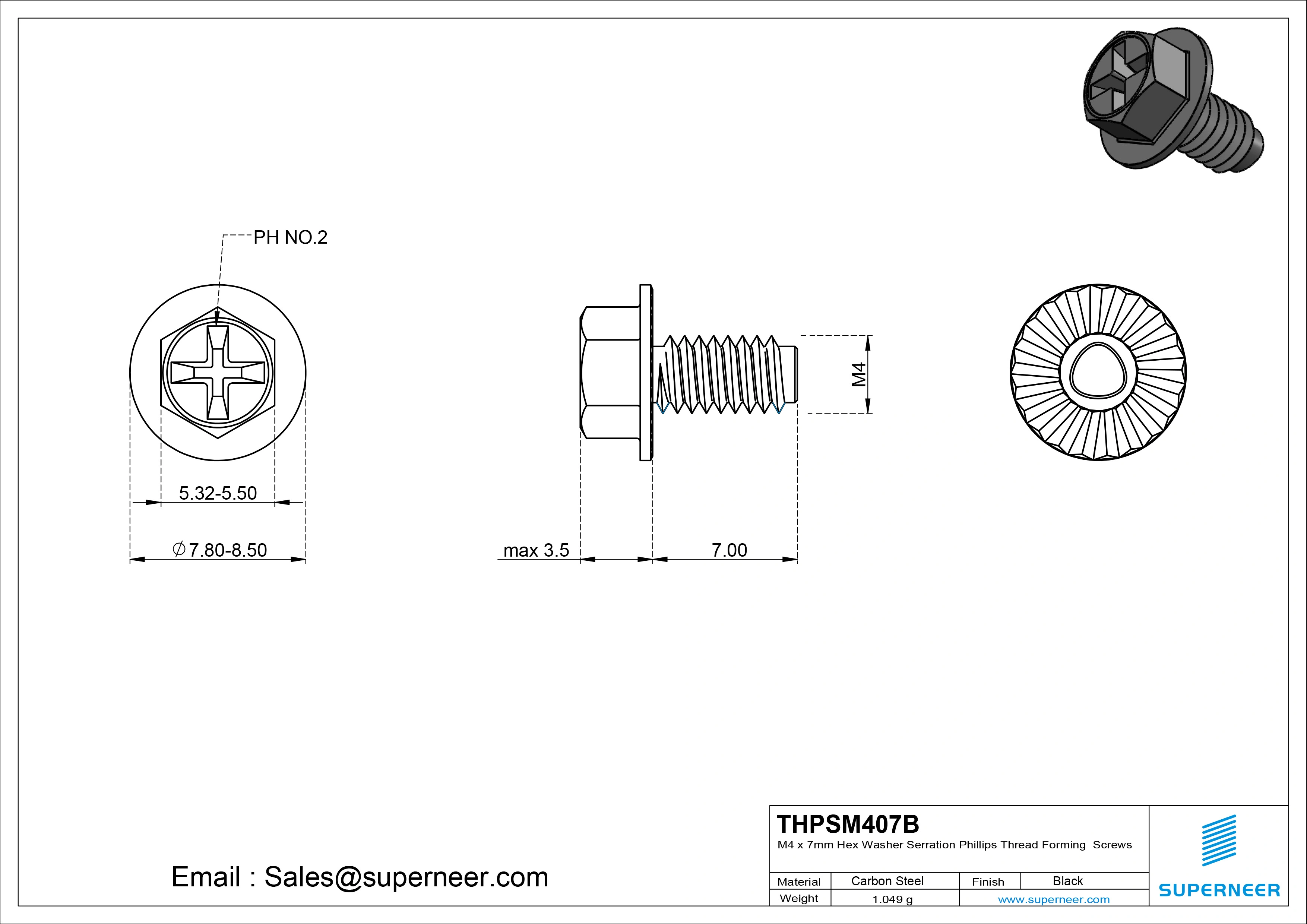 M4 &times; 7mm Indented Hex Washer Serrattion Phillips Thread Forming Screws for Metal Steel Black
