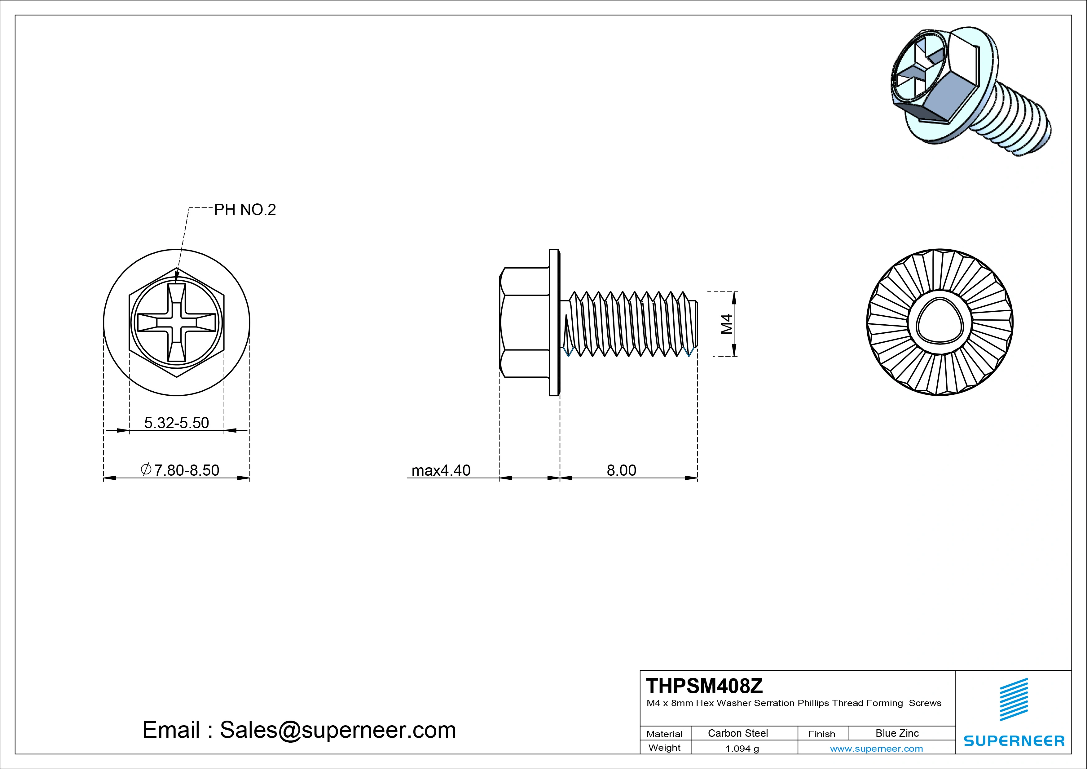 M4 &times; 8mm Indented Hex Washer Serrattion Phillips Thread Forming Screws for Metal Steel Blue Zinc Plated