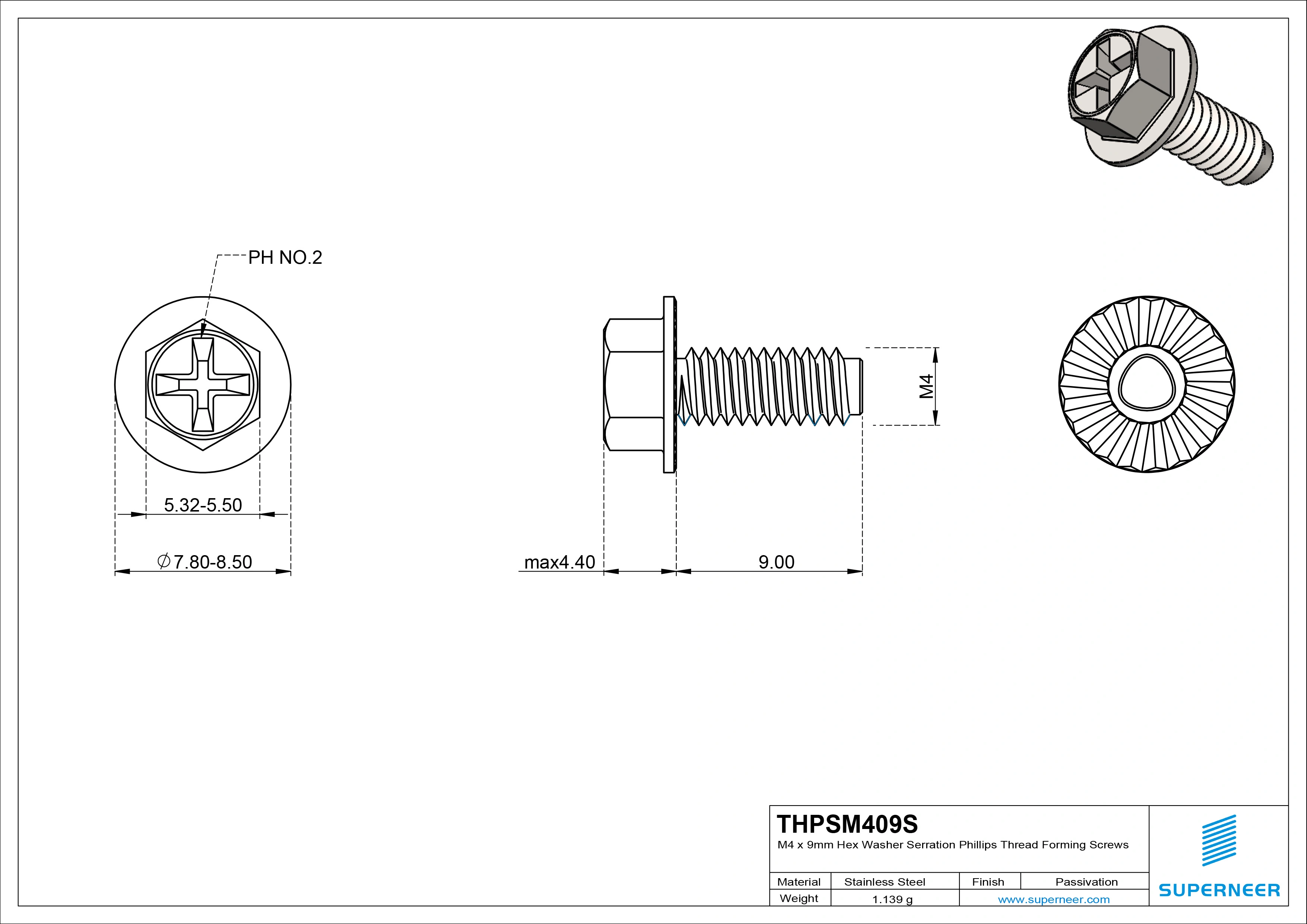 M4 &times; 9mm Indented Hex Washer Serrattion Phillips Thread Forming Screws for Metal SUS304 Stainless Steel Inox