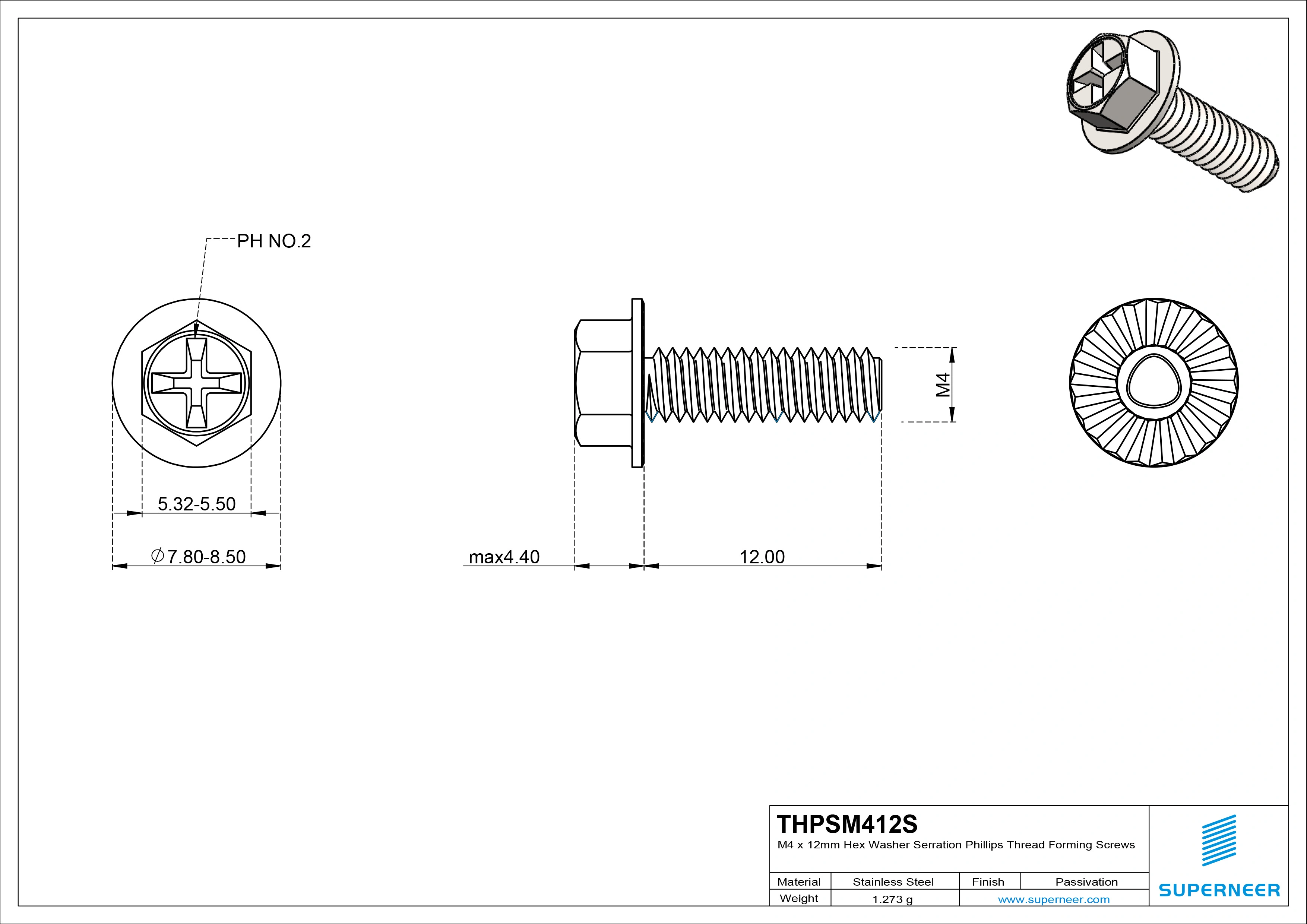M4 &times; 12mm Indented Hex Washer Serrattion Phillips Thread Forming Screws for Metal SUS304 Stainless Steel Inox