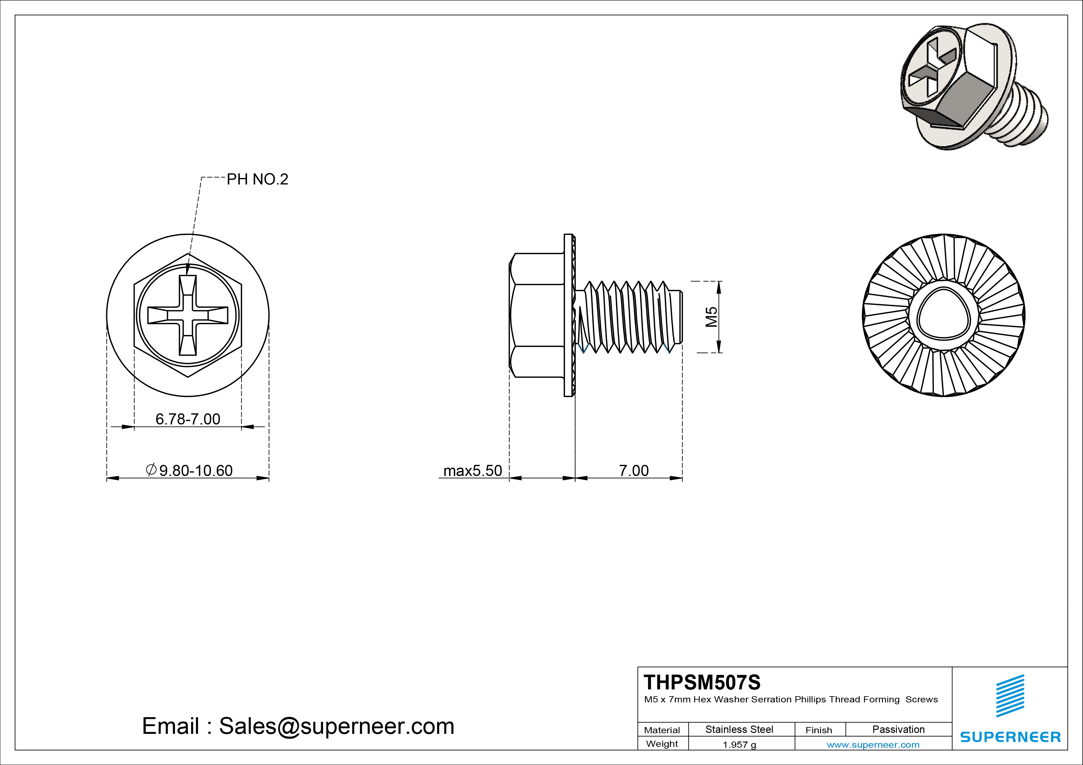 M5 &times; 7mm Indented Hex Washer Serrattion Phillips Thread Forming Screws for Metal SUS304 Stainless Steel Inox