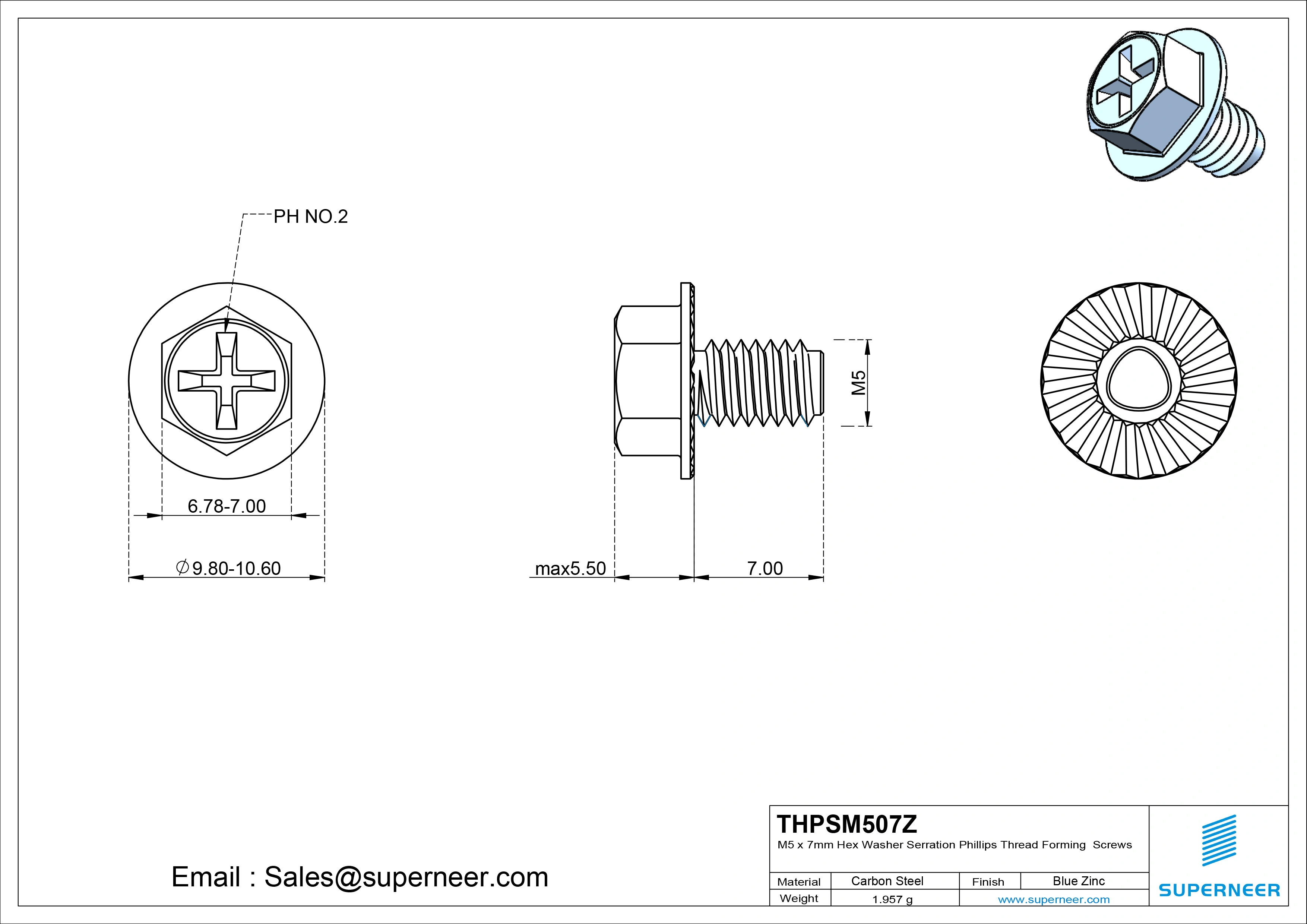 M5 &times; 7mm Indented Hex Washer Serrattion Phillips Thread Forming Screws for Metal Steel Blue Zinc Plated