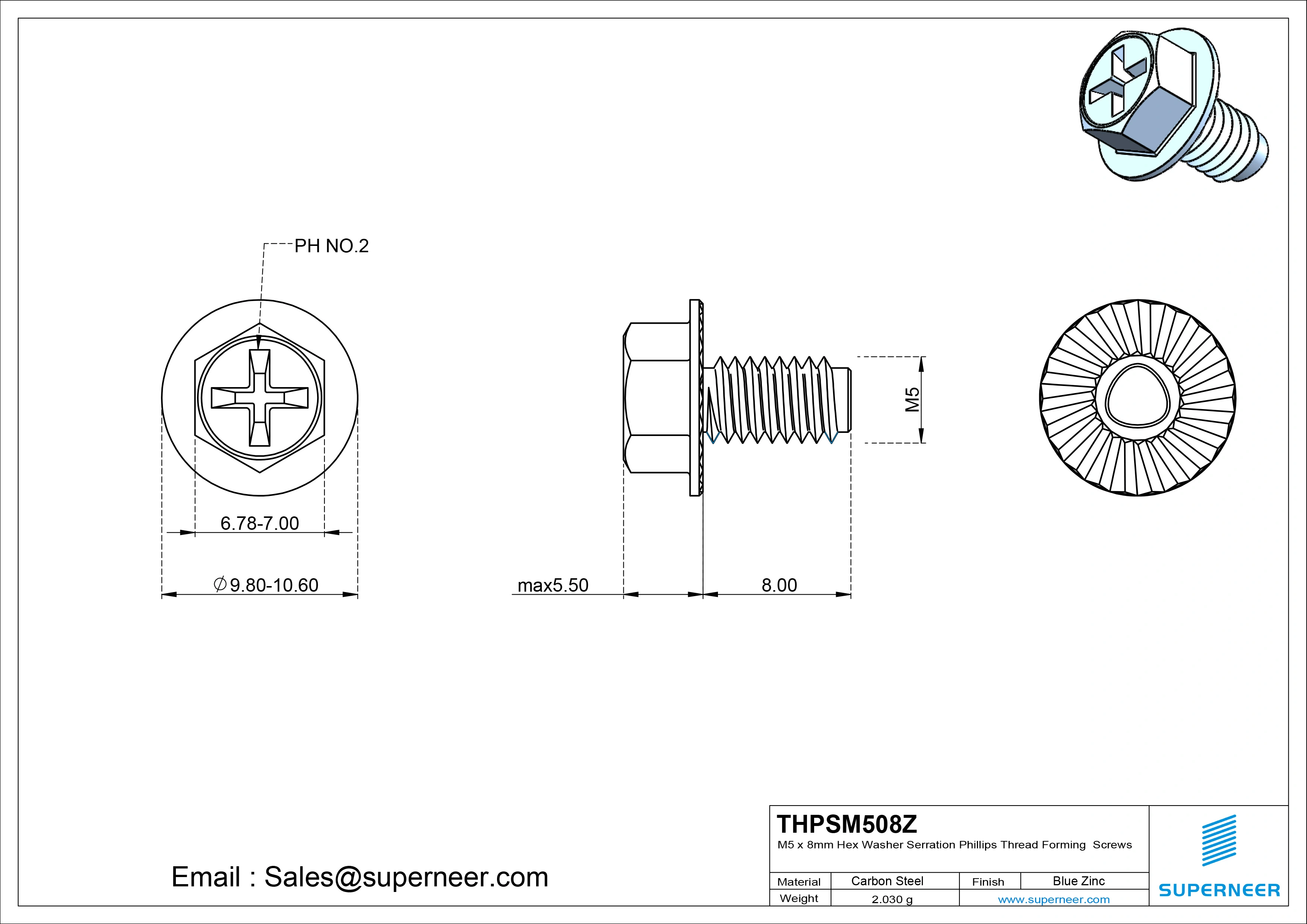 M5 &times; 8mm Indented Hex Washer Serrattion Phillips Thread Forming Screws for Metal Steel Blue Zinc Plated