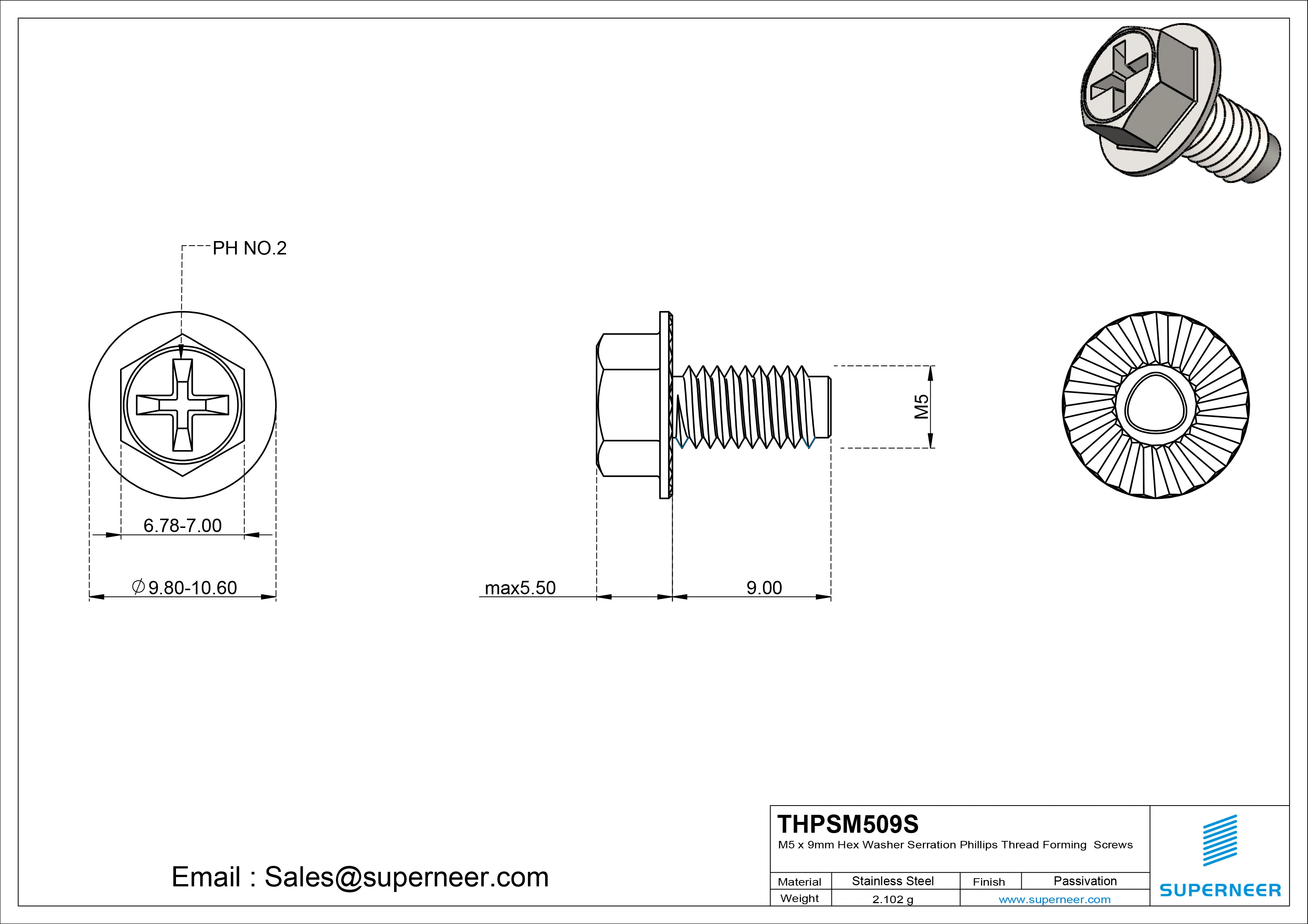 M5 &times; 9mm Indented Hex Washer Serrattion Phillips Thread Forming Screws for Metal SUS304 Stainless Steel Inox