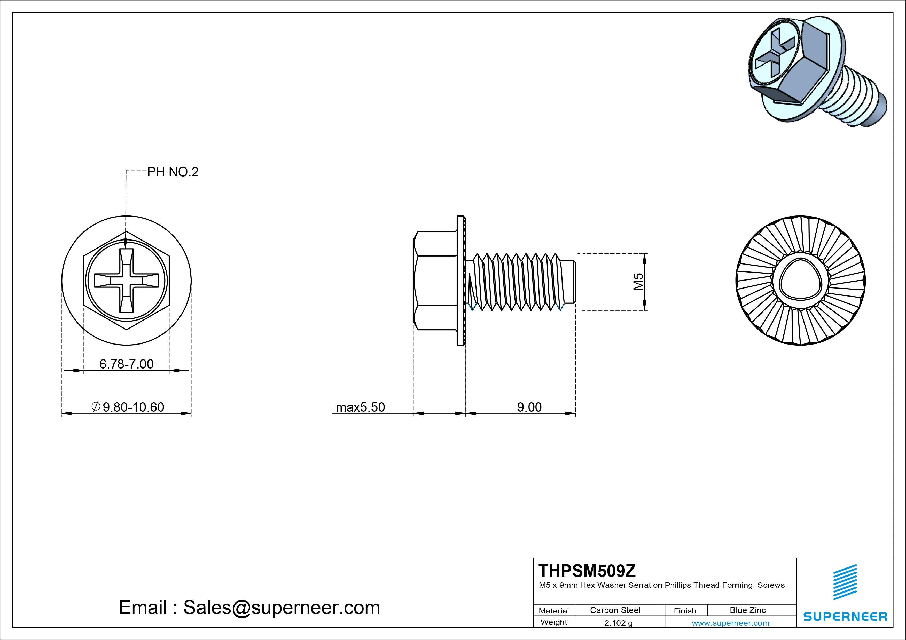 M5 &times; 9mm Indented Hex Washer Serrattion Phillips Thread Forming Screws for Metal Steel Blue Zinc Plated