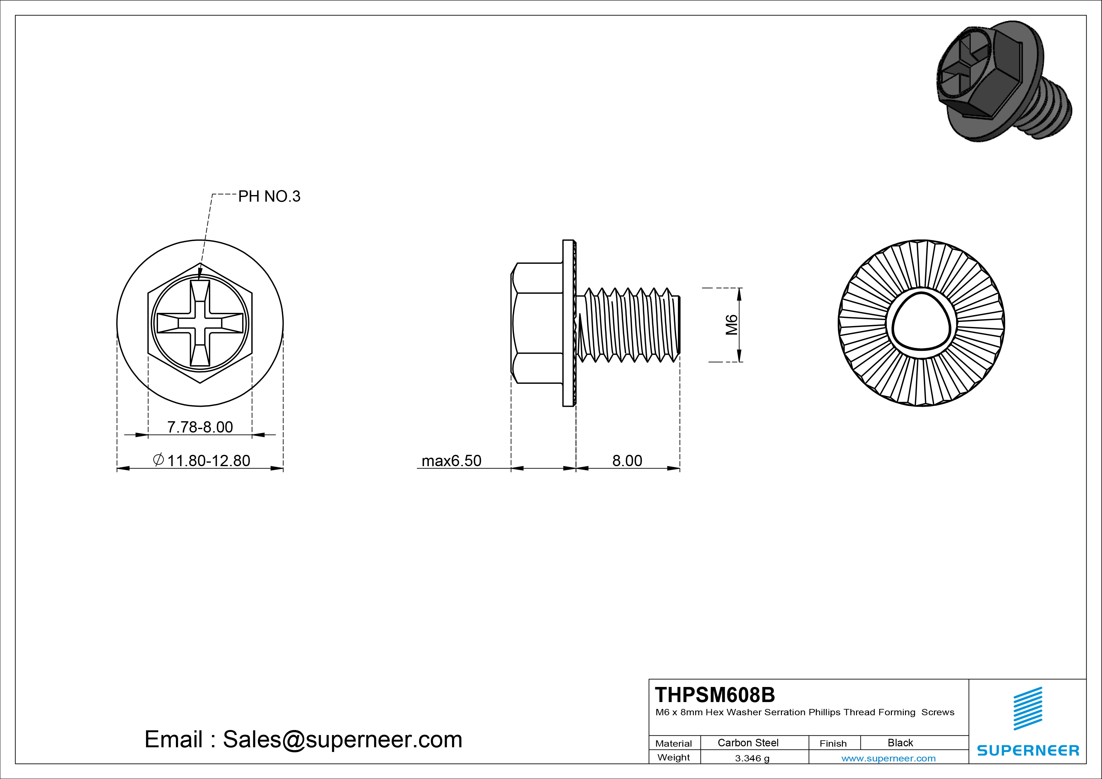 M6 &times; 8mm Indented Hex Washer Serrattion Phillips Thread Forming Screws for Metal Steel Black