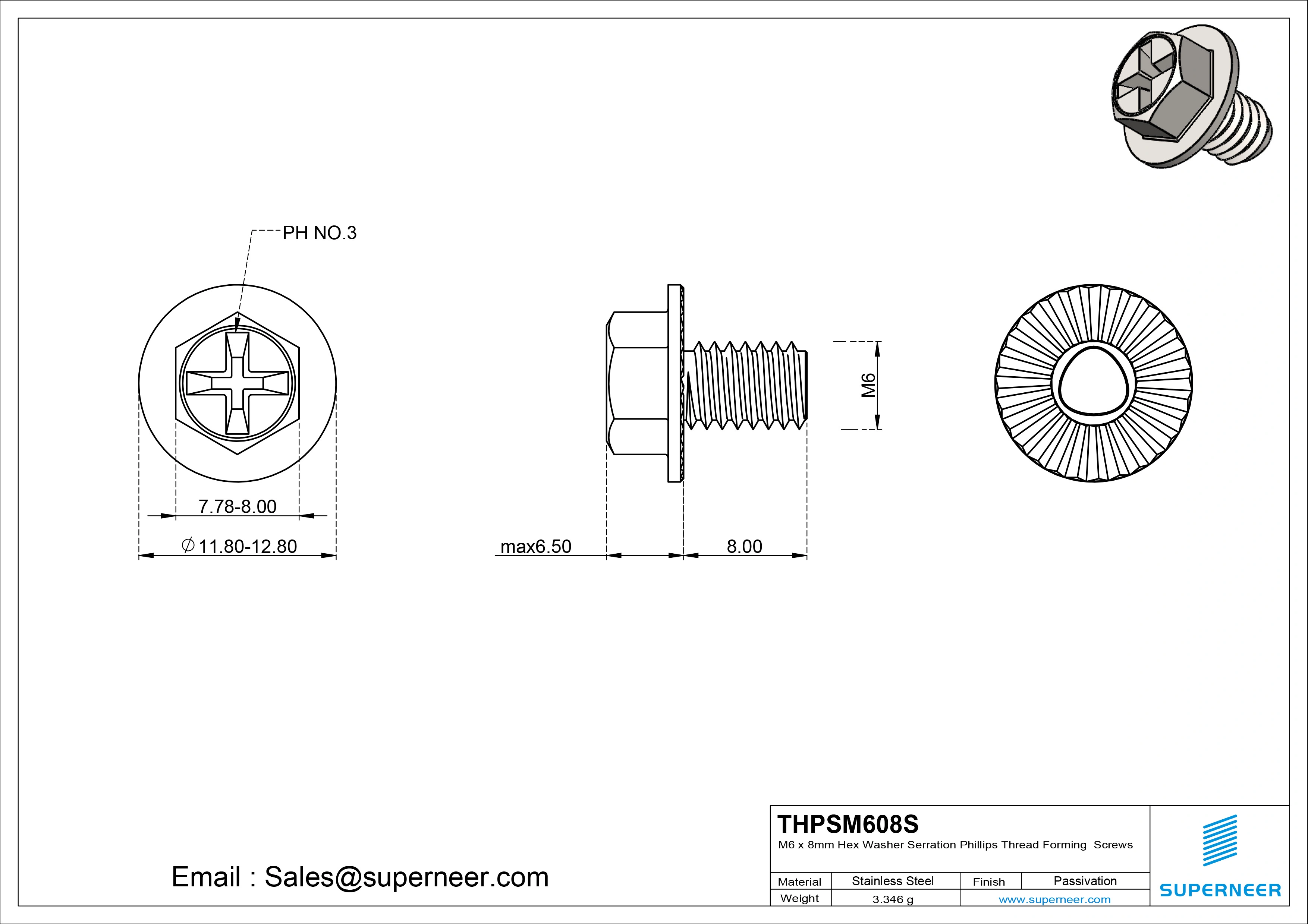M6 &times; 8mm Indented Hex Washer Serrattion Phillips Thread Forming Screws for Metal SUS304 Stainless Steel Inox