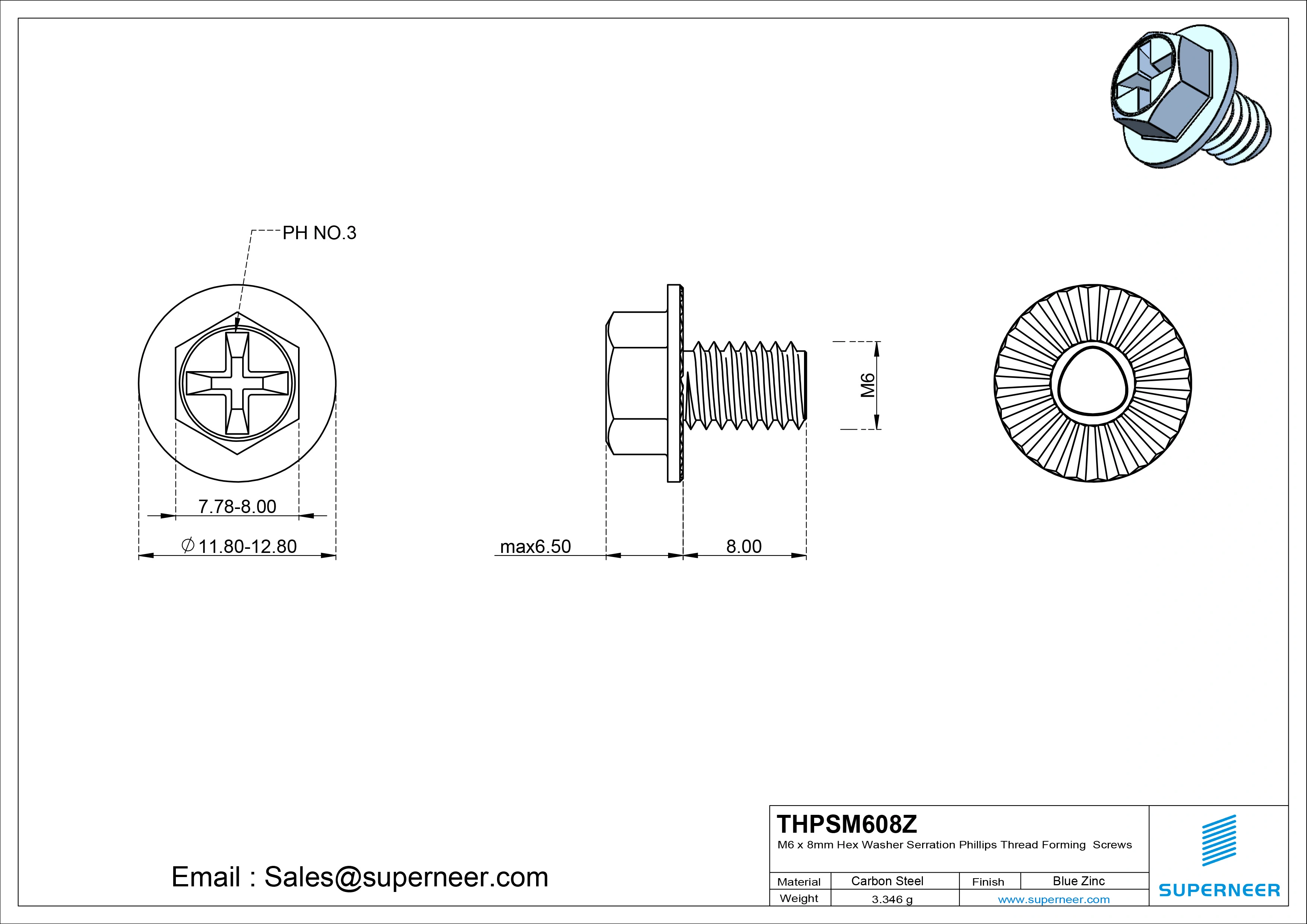 M6 &times; 8mm Indented Hex Washer Serrattion Phillips Thread Forming Screws for Metal Steel Blue Zinc Plated