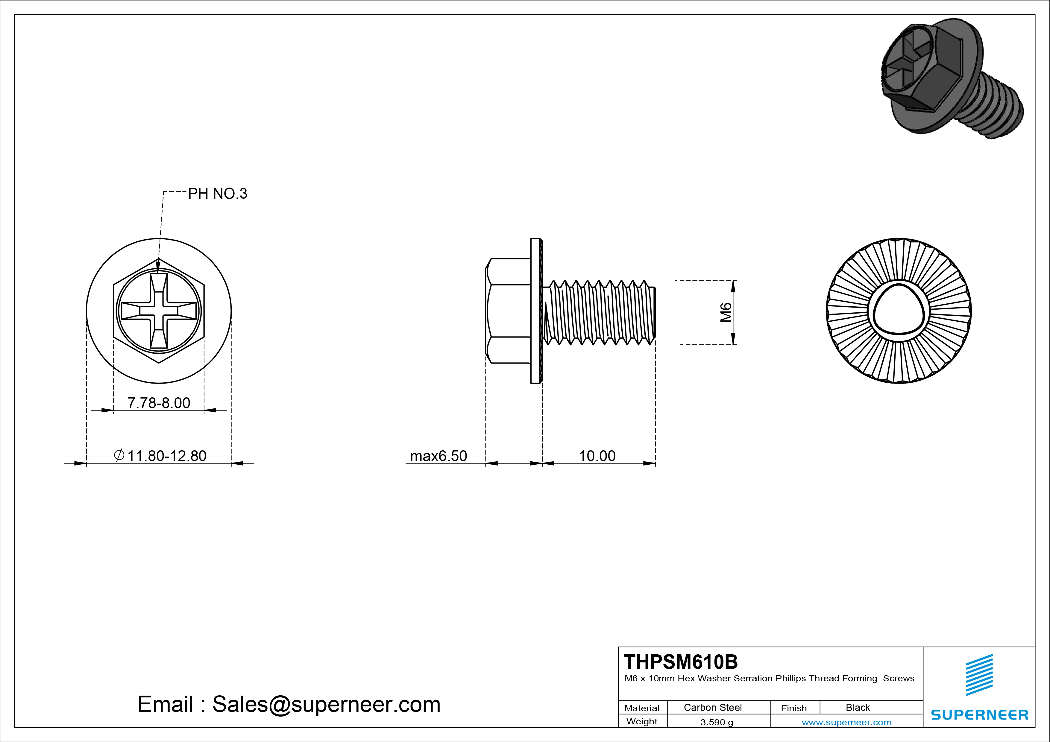 M6 &times; 10mm Indented Hex Washer Serrattion Phillips Thread Forming Screws for Metal Steel Black