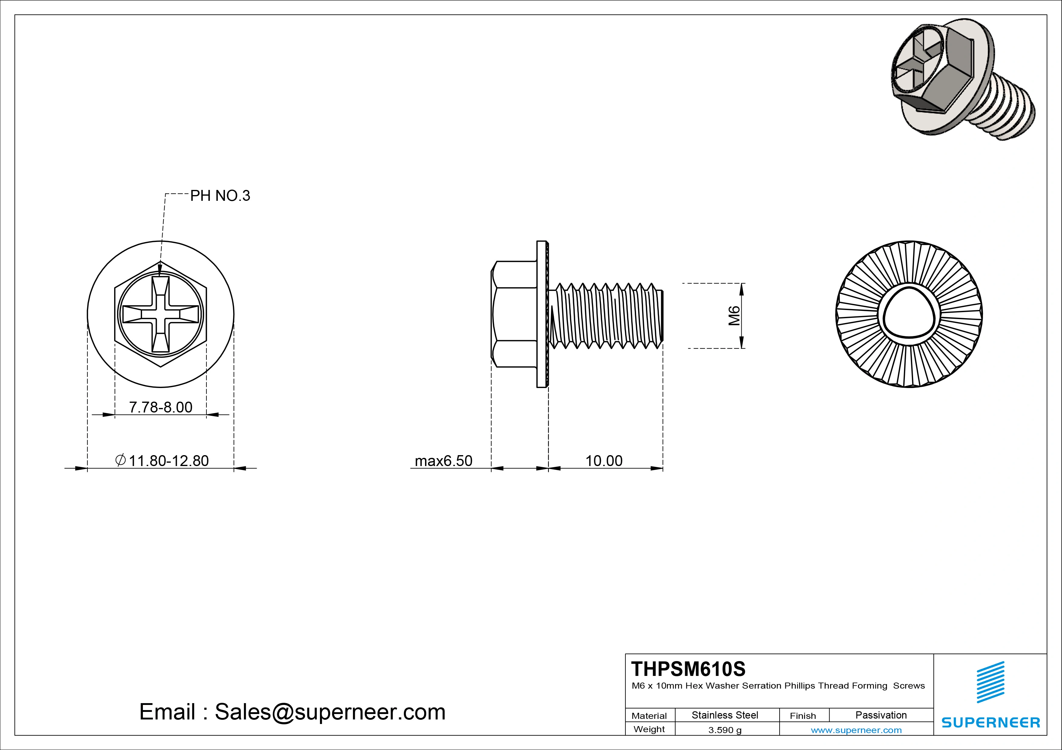 M6 &times; 10mm Indented Hex Washer Serrattion Phillips Thread Forming Screws for Metal SUS304 Stainless Steel Inox