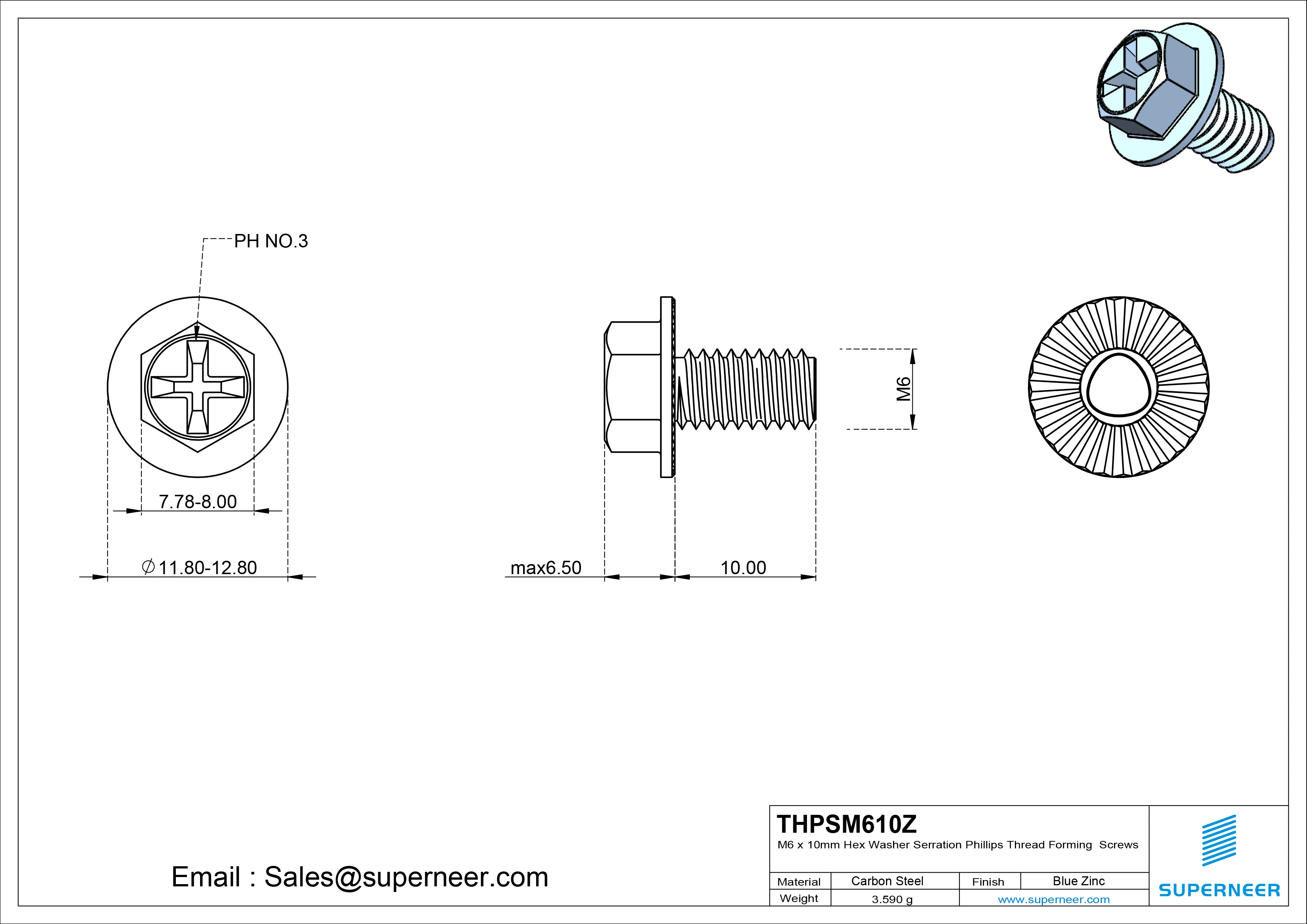 M6 &times; 10mm Indented Hex Washer Serrattion Phillips Thread Forming Screws for Metal Steel Blue Zinc Plated