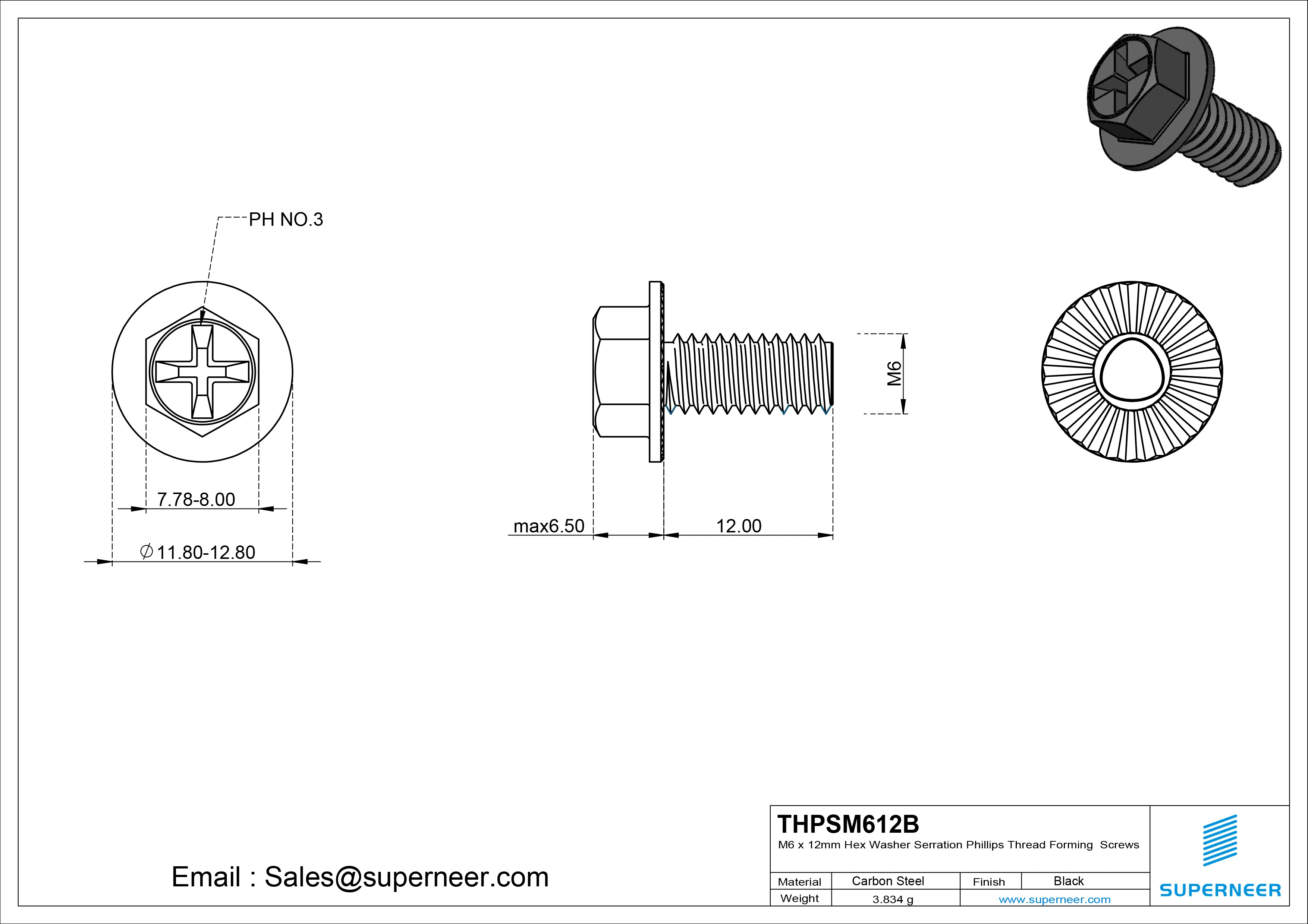 M6 &times; 12mm Indented Hex Washer Serrattion Phillips Thread Forming Screws for Metal Steel Black