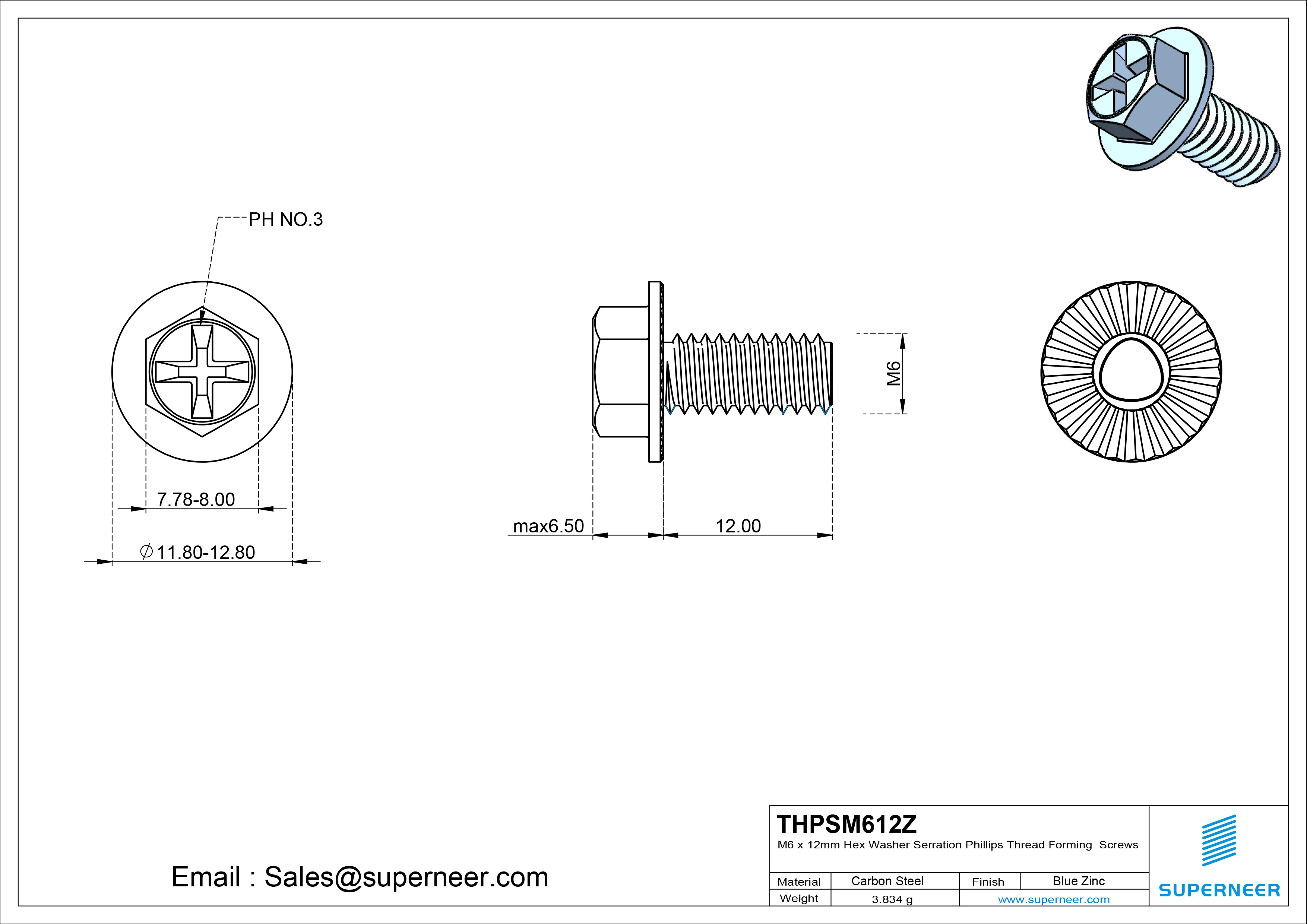 M6 &times; 12mm Indented Hex Washer Serrattion Phillips Thread Forming Screws for Metal Steel Blue Zinc Plated