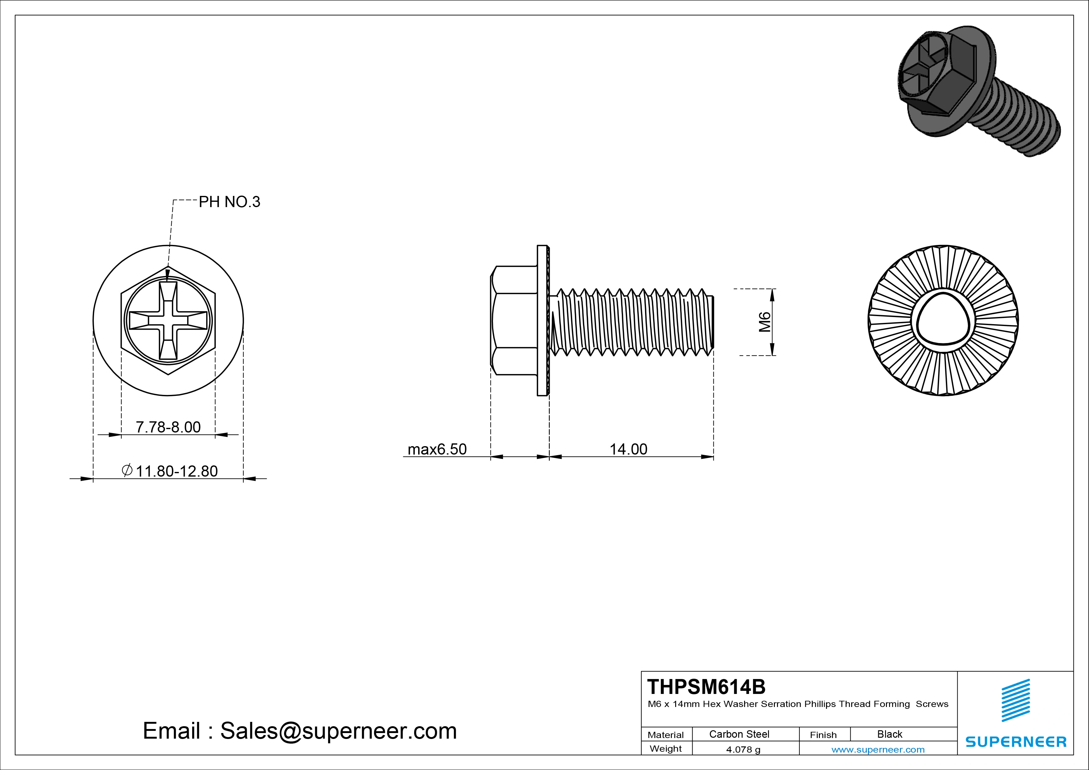 M6 &times; 14mm Indented Hex Washer Serrattion Phillips Thread Forming Screws for Metal Steel Black