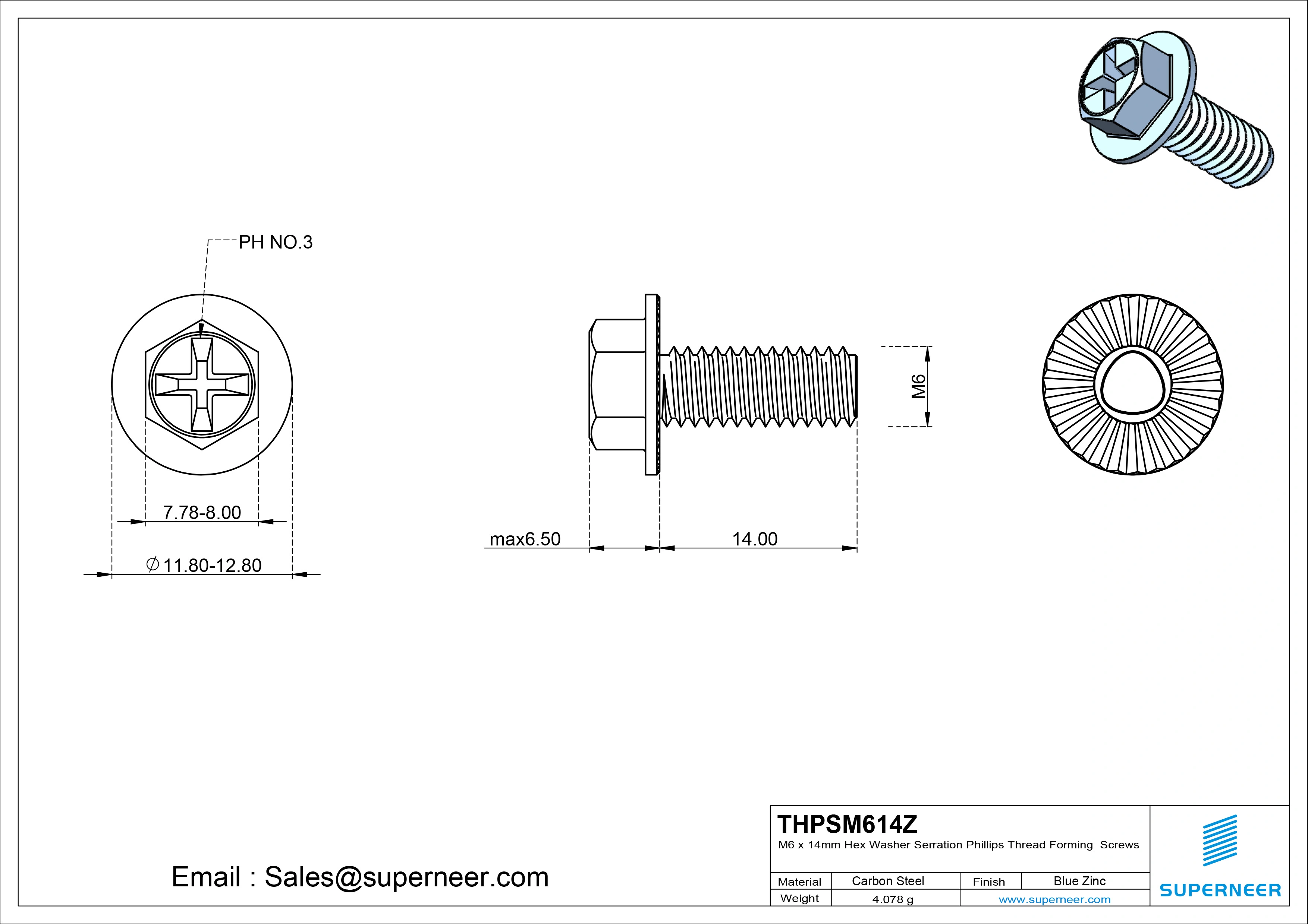 M6 &times; 14mm Indented Hex Washer Serrattion Phillips Thread Forming Screws for Metal Steel Blue Zinc Plated