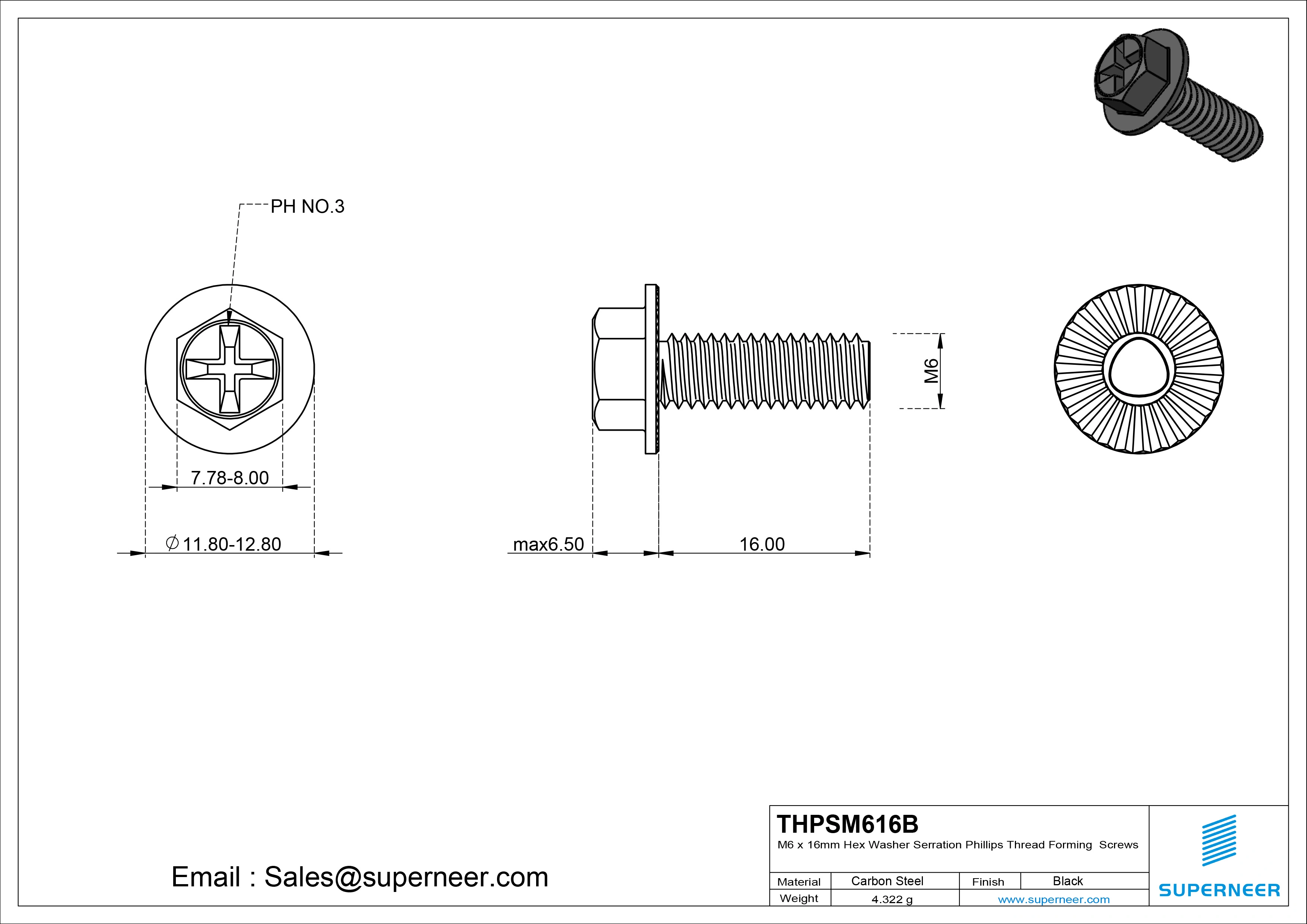 M6 &times; 16mm Indented Hex Washer Serrattion Phillips Thread Forming Screws for Metal Steel Black