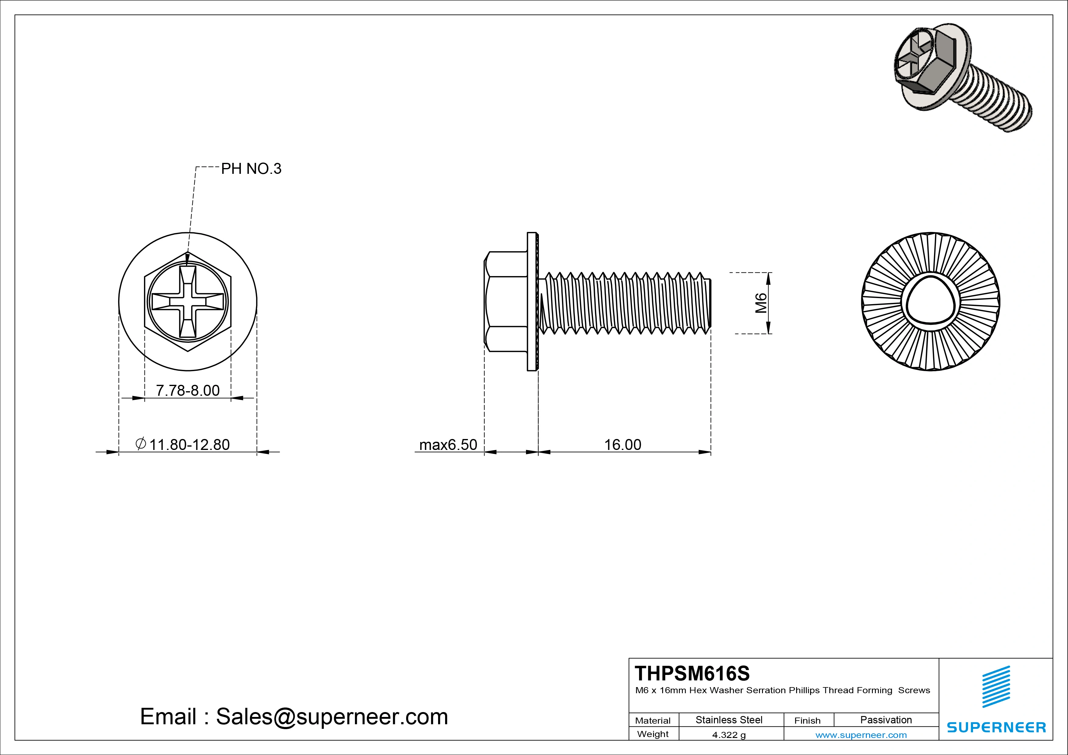 M6 &times; 16mm Indented Hex Washer Serrattion Phillips Thread Forming Screws for Metal SUS304 Stainless Steel Inox