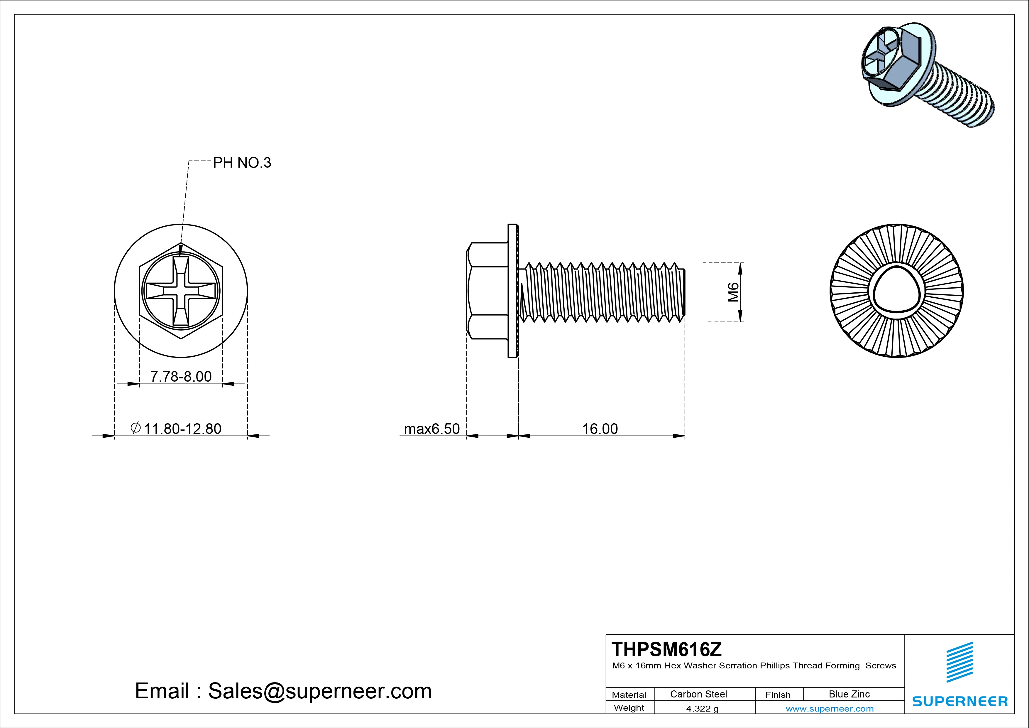 M6 &times; 16mm Indented Hex Washer Serrattion Phillips Thread Forming Screws for Metal Steel Blue Zinc Plated