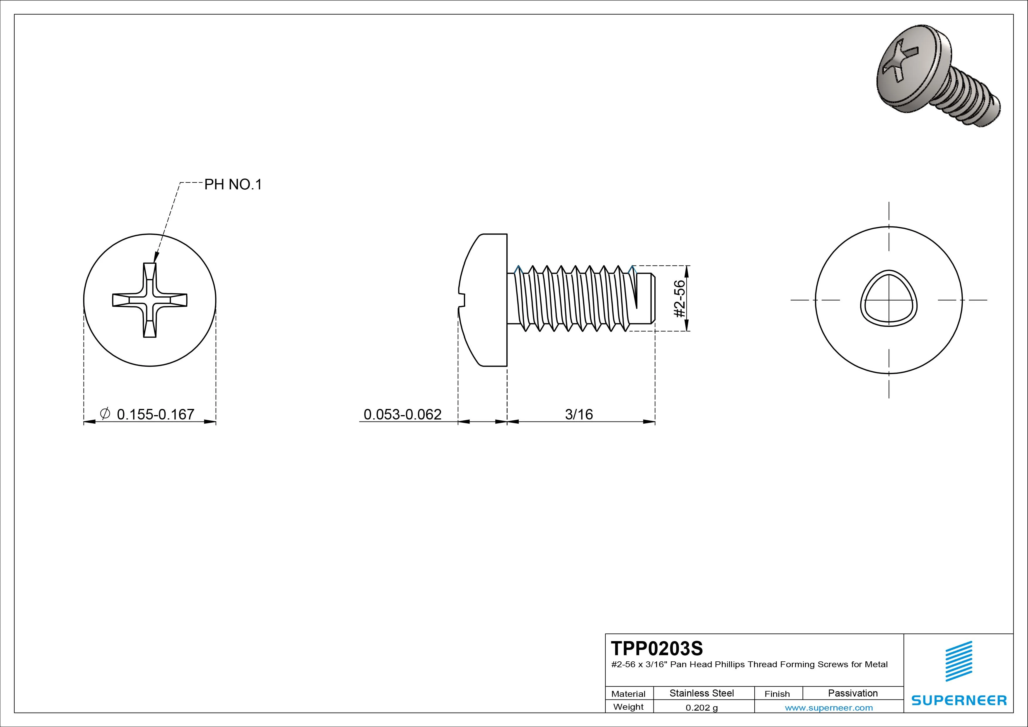 2-56 &times; 3/16 Pan Head Phillips Thread Forming  Screws for Metal  SUS304 Stainless Steel Inox