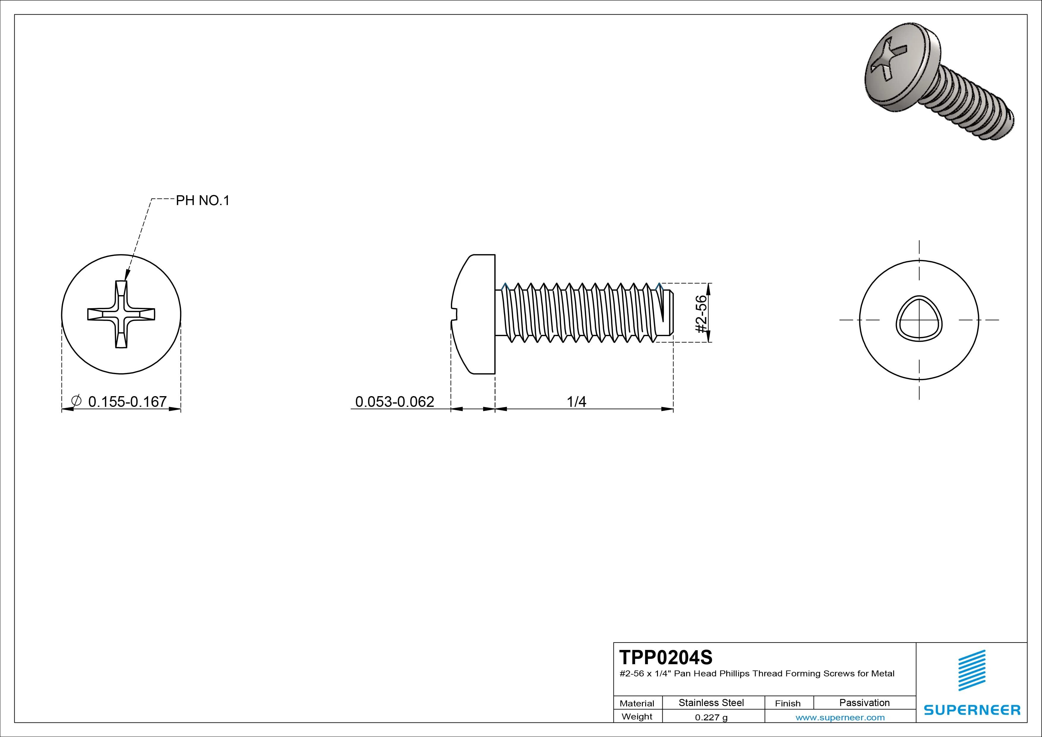 2-56 &times; 1/4 Pan Head Phillips Thread Forming  Screws for Metal  SUS304 Stainless Steel Inox