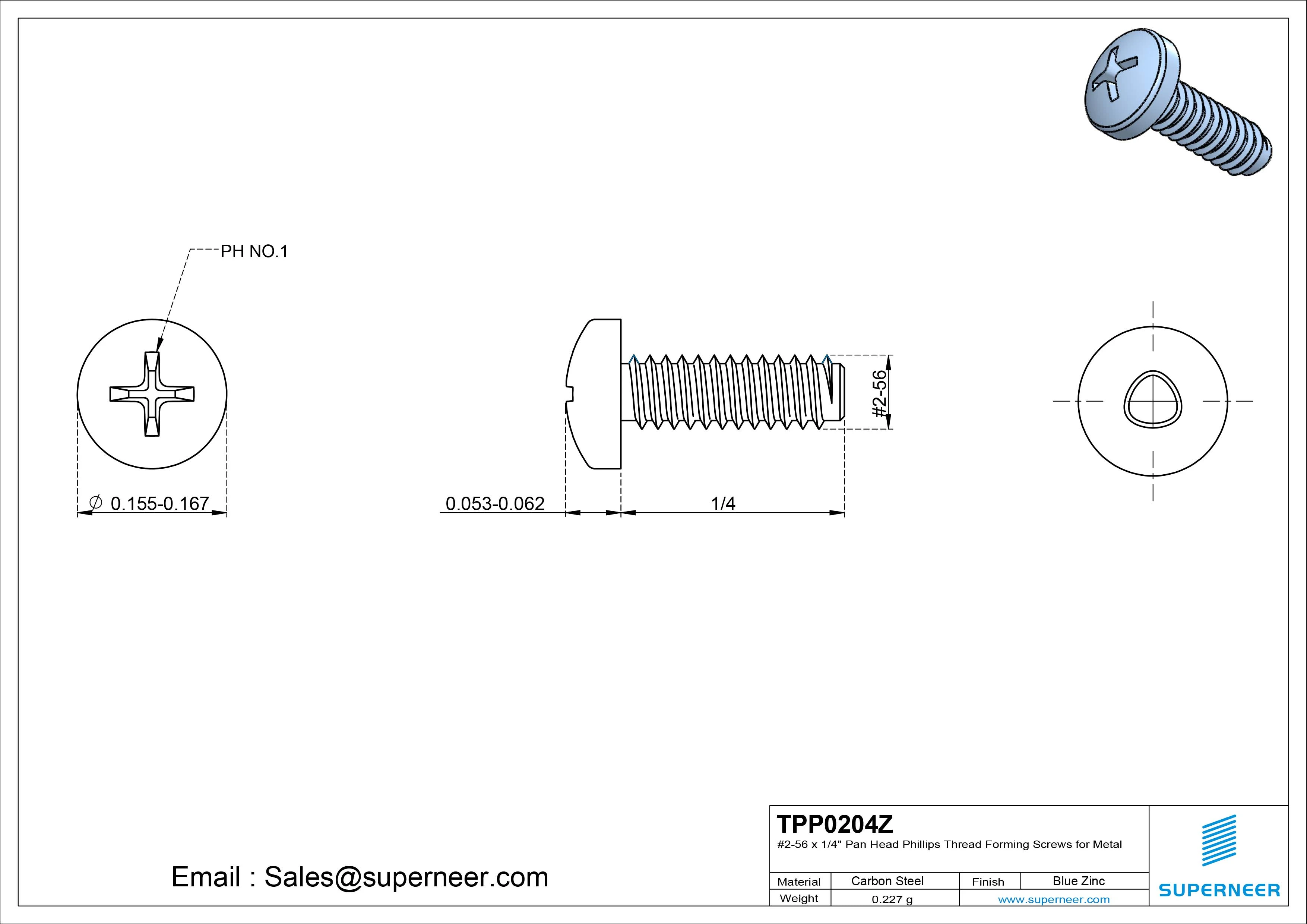 2-56 &times; 1/4 Pan Head Phillips Thread Forming  Screws for Metal  Steel Blue Zinc Plated