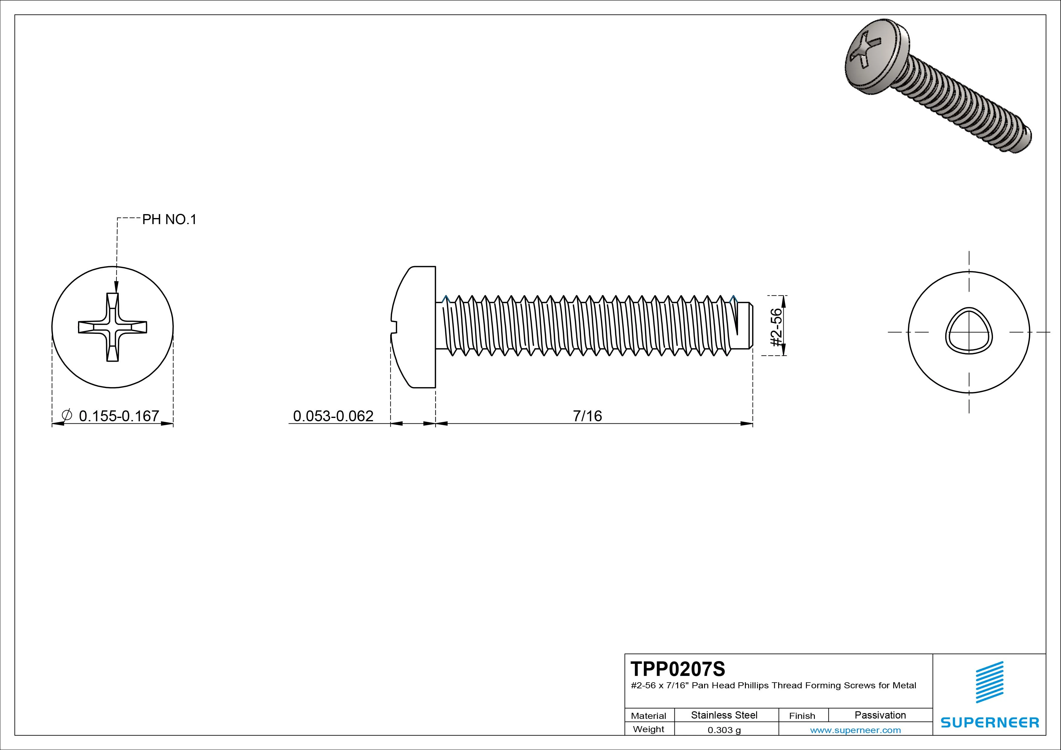 2-56 &times; 7/16 Pan Head Phillips Thread Forming  Screws for Metal  SUS304 Stainless Steel Inox